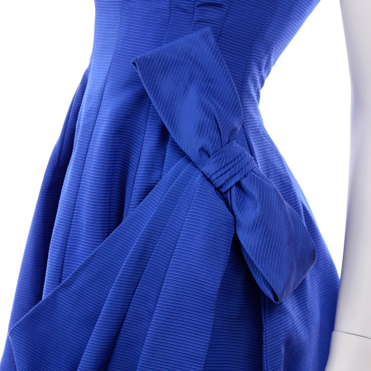 1950s Cobalt Blue Ribbed Vintage Evening Dress With Draping and Bow 1