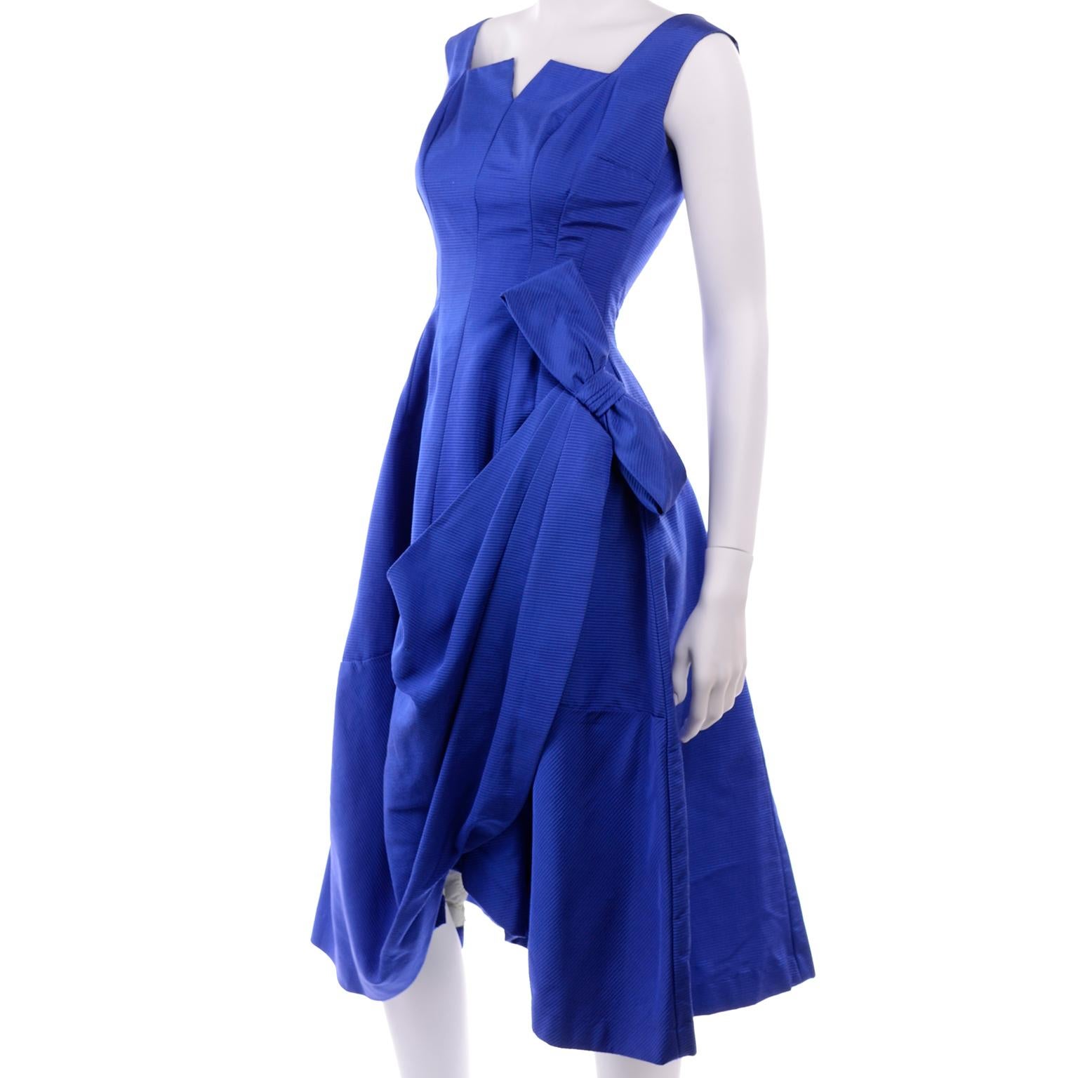 1950s Cobalt Blue Ribbed Vintage Evening Dress With Draping and Bow 2