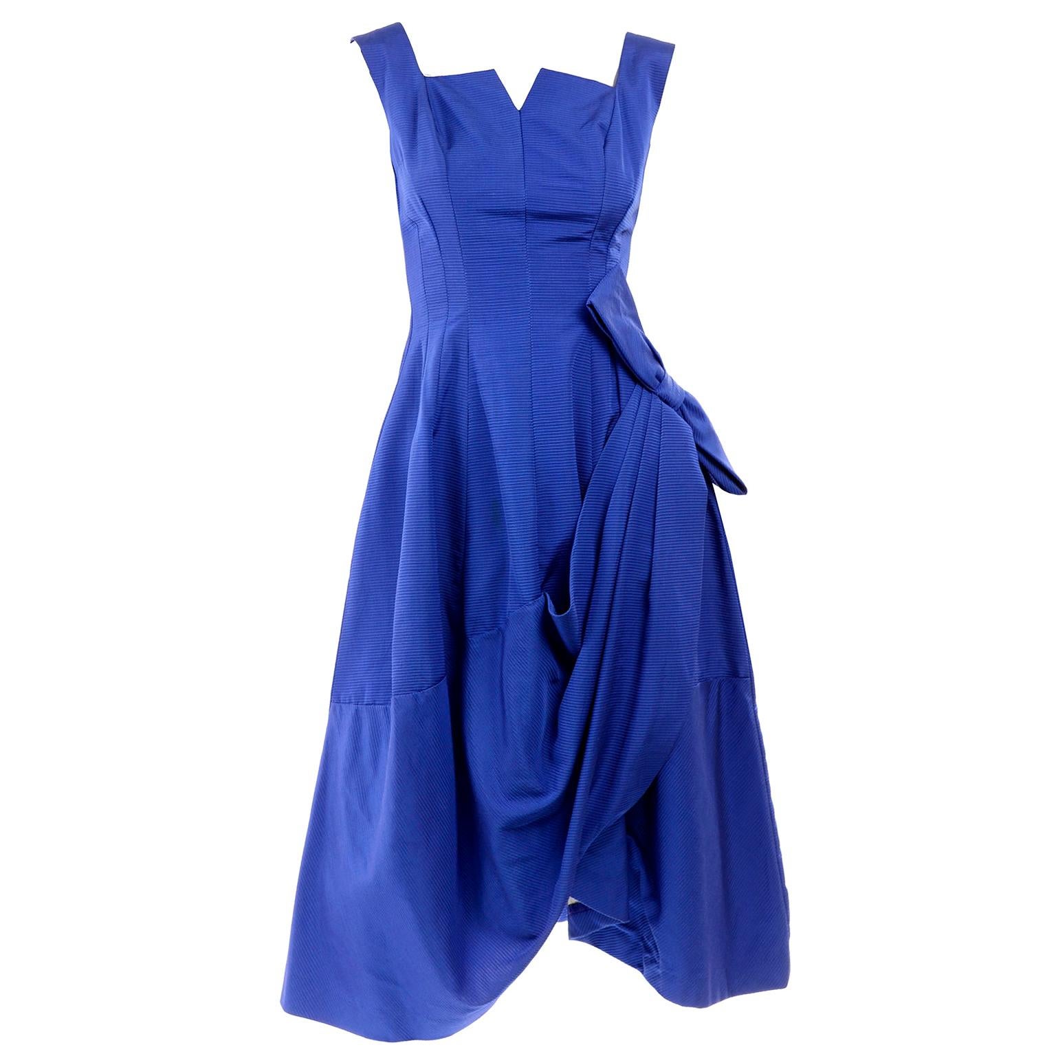 1950s Cobalt Blue Ribbed Vintage Evening Dress With Draping and Bow