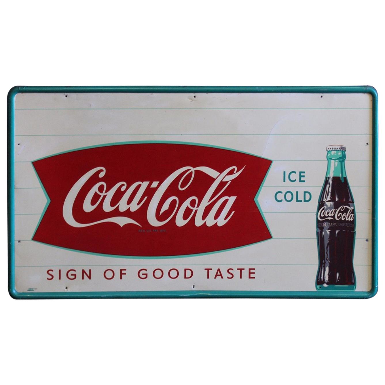 1950s Coca-Cola "Sign of Good Taste" Pressed Metal Fishtail Sign For Sale