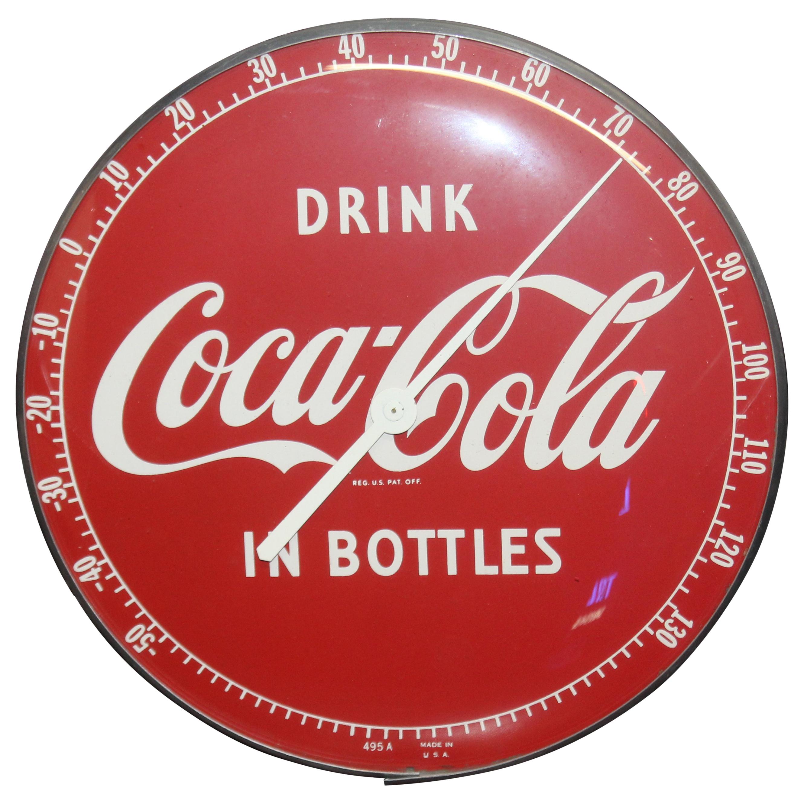 1950s Coca Cola Soda Advertising "Drink In Bottles" Thermometer Sign For Sale