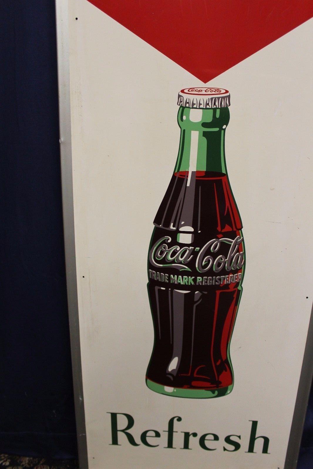1950s Coca-Cola Vertical Tin Advertising Sign In Fair Condition For Sale In Orange, CA