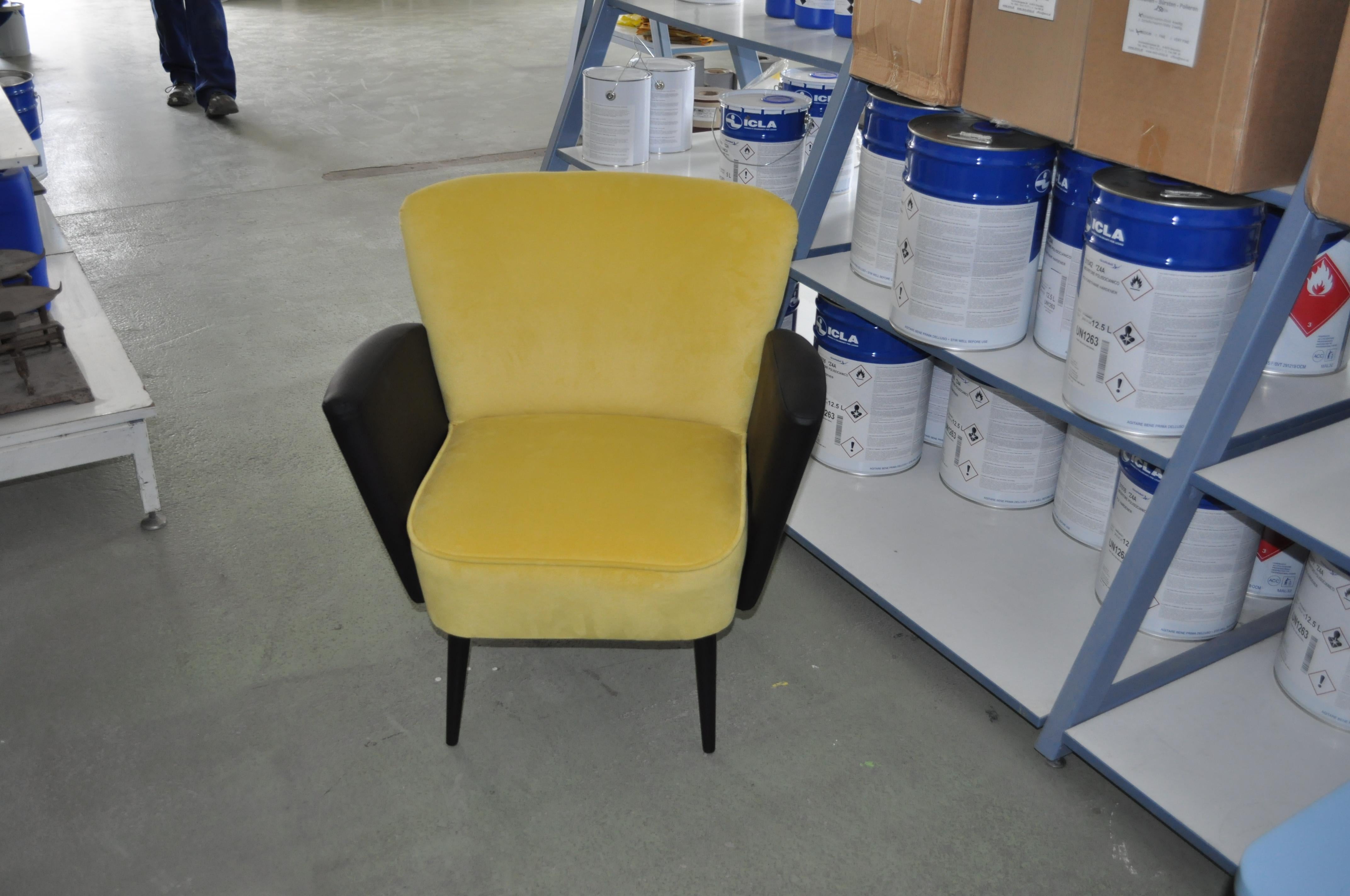 1950s cocktail chairs, pair.

1950s cocktail chairs. Very well constructed, extremely comfortable. The pair was fully and professionally re-upholstered with a yellow colored velvet fabric and black leatherette the condition is excellent, the