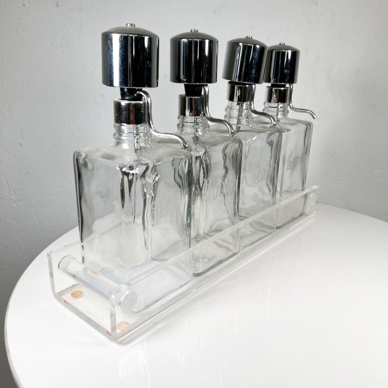 1950s Cocktail Liquor Bar Dispenser Pump Decanter Set Lucite Tray Caddy
