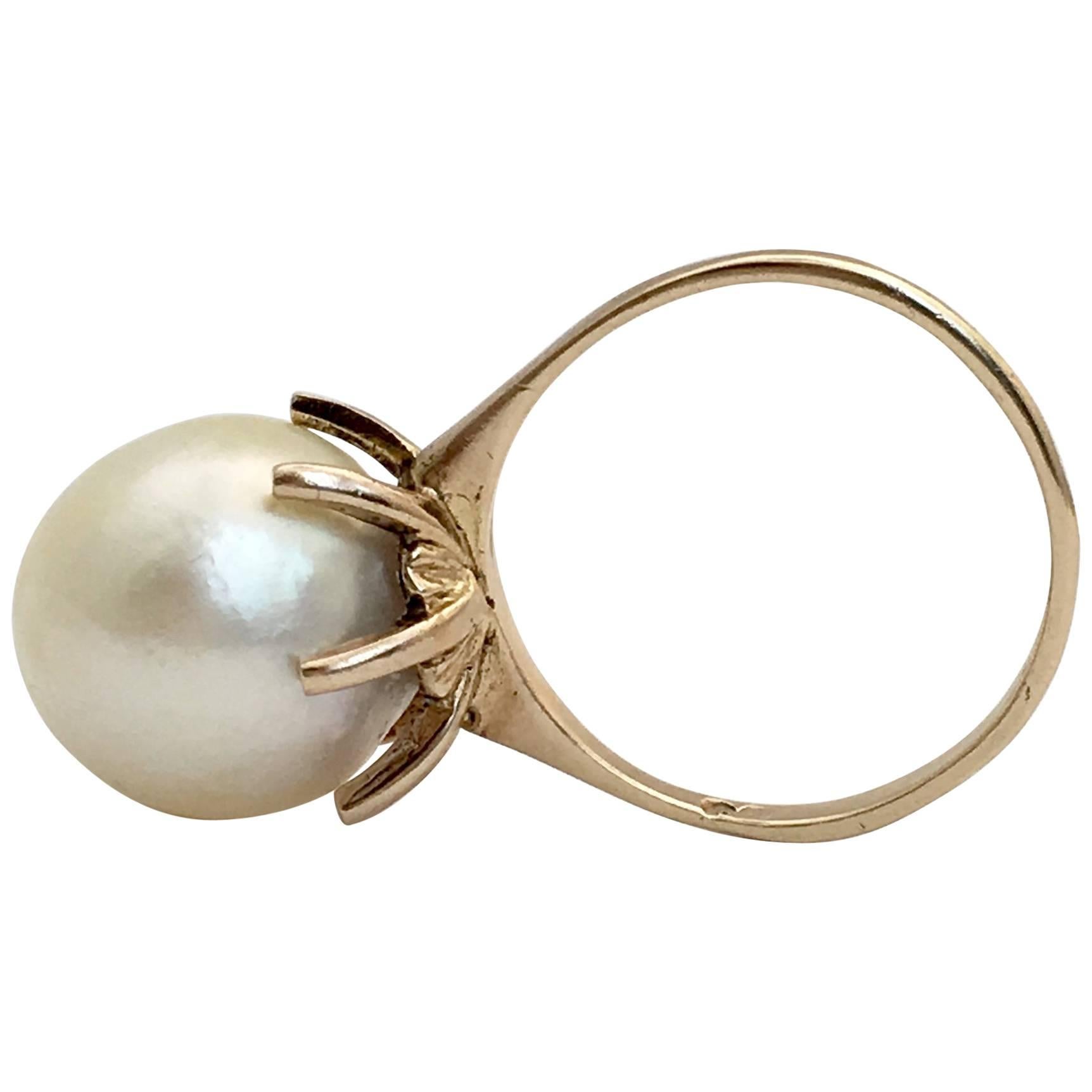 1950s Cocktail Ring Large Baroque Pearl English Midcentury Gold Vintage Jewelry For Sale