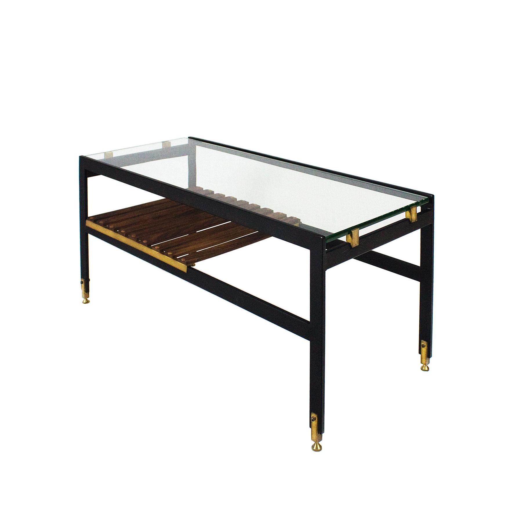 Coffee table, blackened steel, polished brass, solid wenge slats, thick glass on top. High quality.

Italy, circa 1950.
