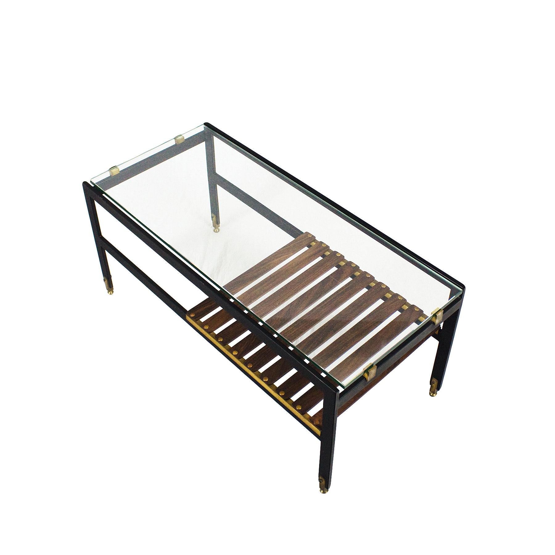 1950s Coffee Table, Blackened Steel, Brass, Wenge Slats, Glass, Italy In Good Condition In Girona, ES