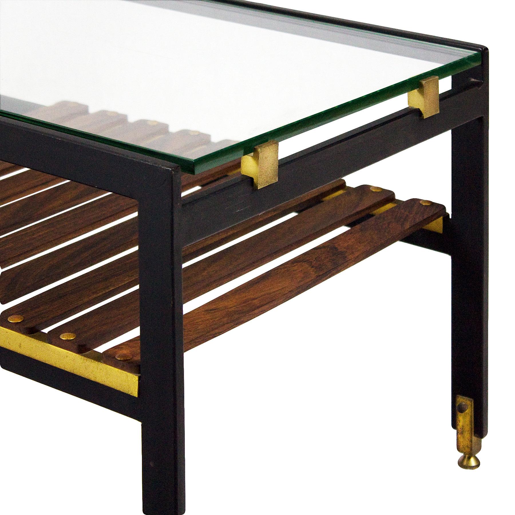 Mid-20th Century 1950s Coffee Table, Blackened Steel, Brass, Wenge Slats, Glass, Italy