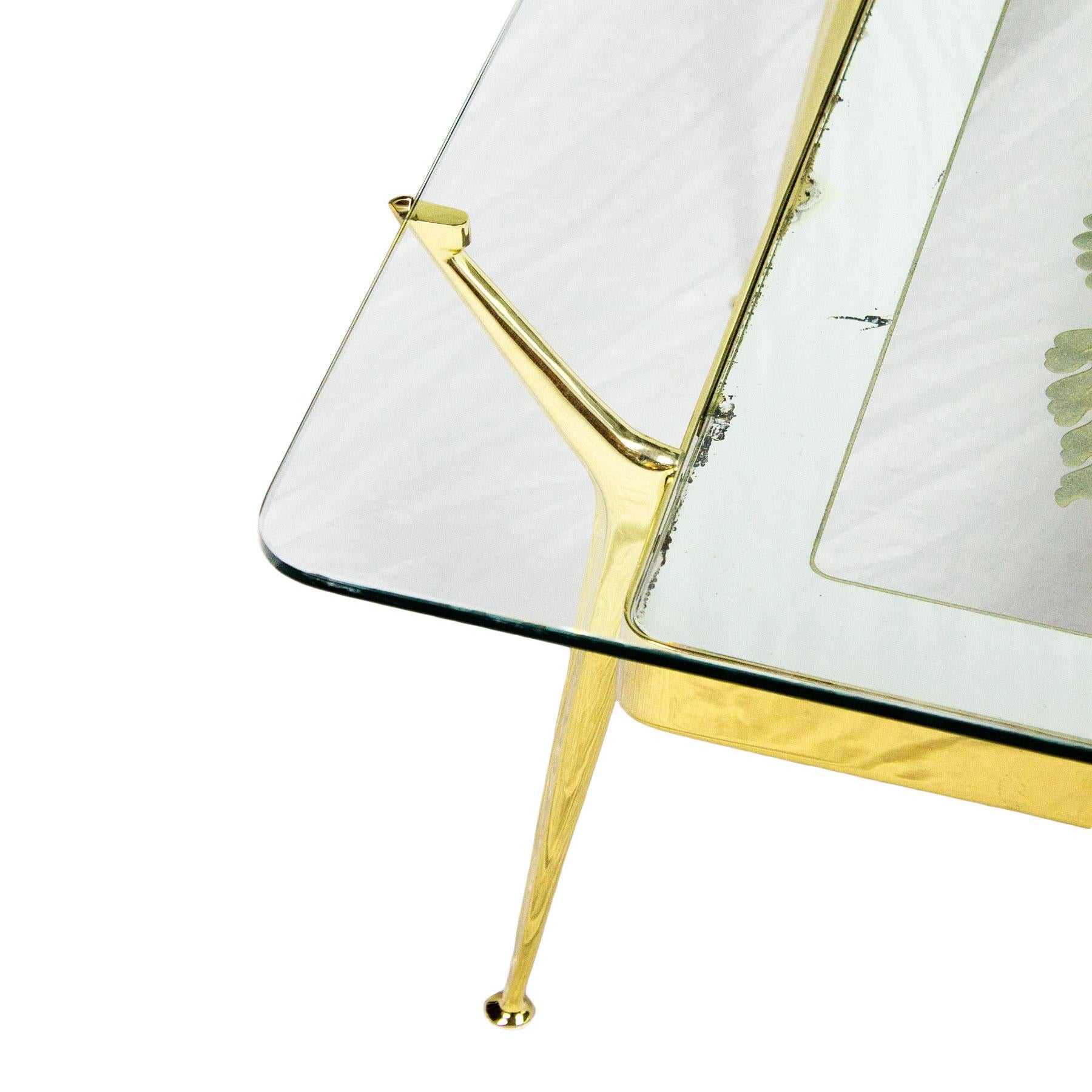 Brass Mid-Century Modern Coffee Table by Cesare Lacca, Mirrored Etched Glass - Italy For Sale