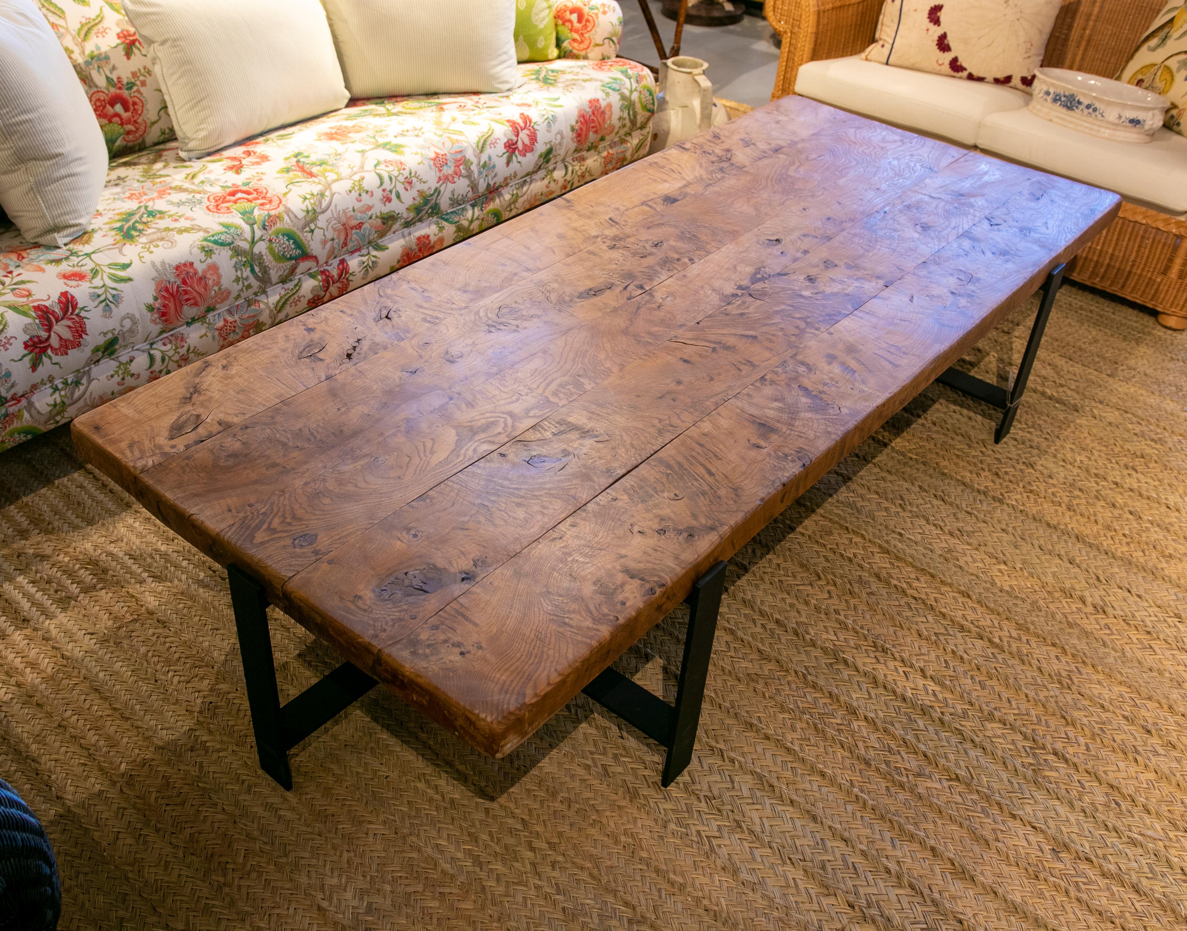 1950s Coffee Table with Wooden Table Top and Modern Iron Base 7