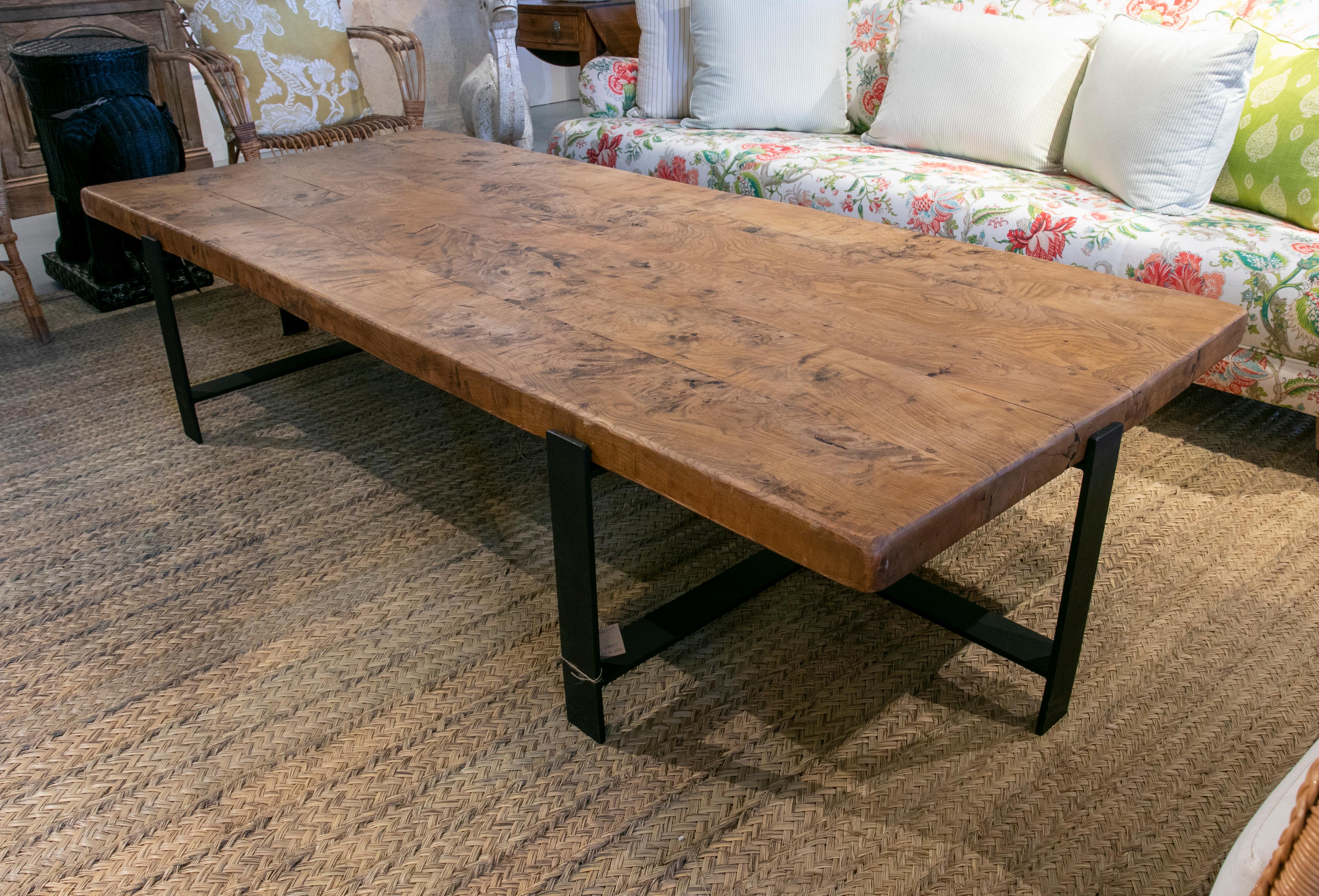 Spanish 1950s Coffee Table with Wooden Table Top and Modern Iron Base