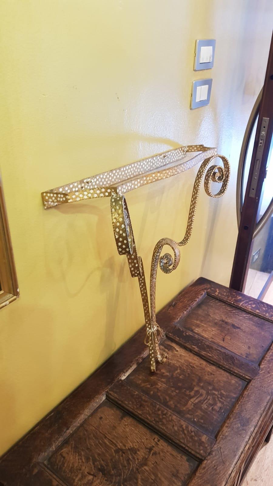 Italian 1950s Colli Golden Wrought Iron Structure Small Table Console with Crystal Top For Sale