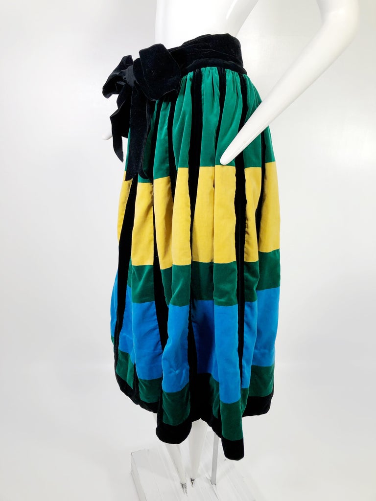 Women's 1950s Color Block Velvet Full Gathered Skirt In Black Emerald Sapphire And Gold For Sale