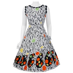 Vintage 1950's Colorful Artist Palette Novelty Print Cotton Applique Full-Skirt Dress