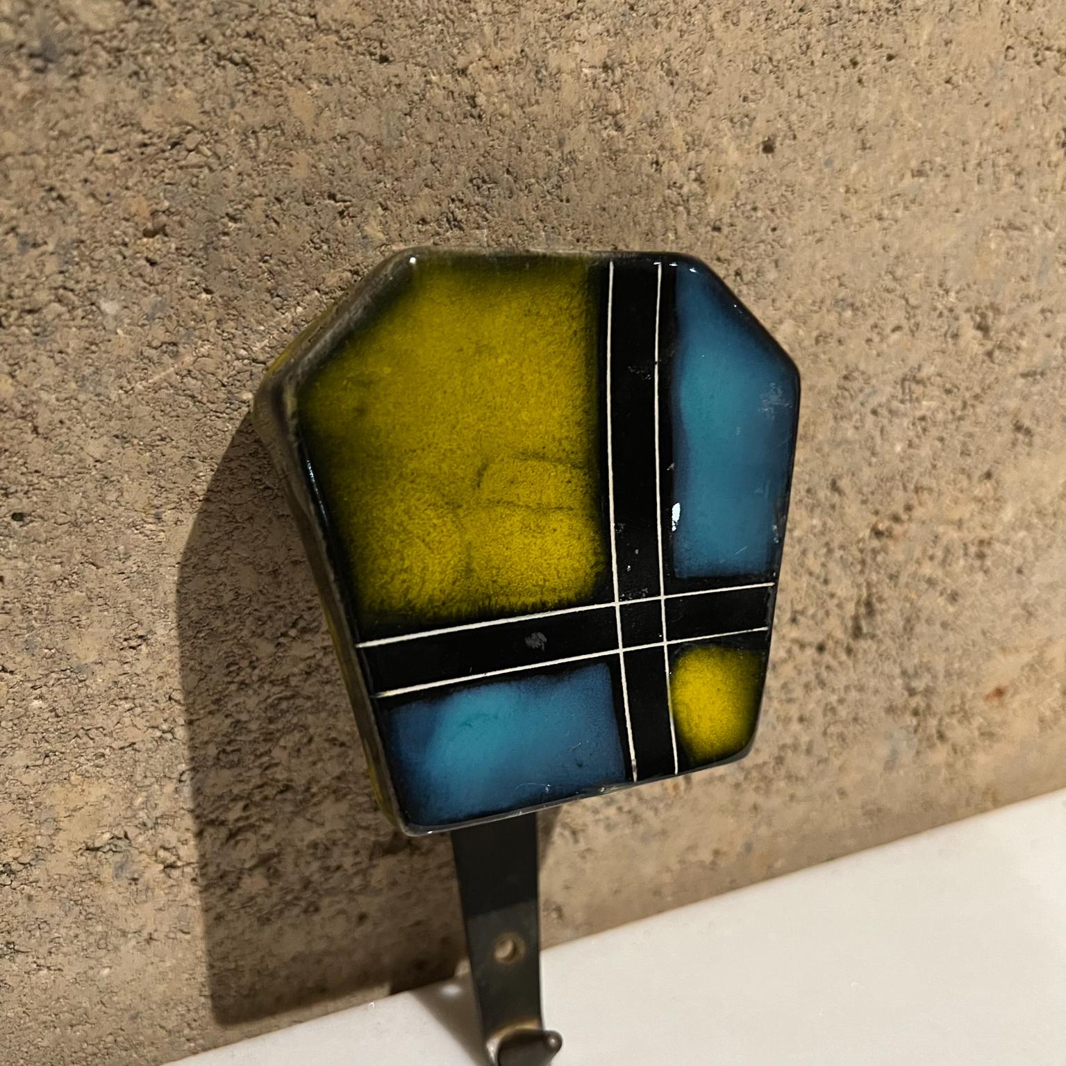 1950s Colorful Blue Plaid Porcelain Coat Hat Hook Iron & Brass Europe In Good Condition In Chula Vista, CA