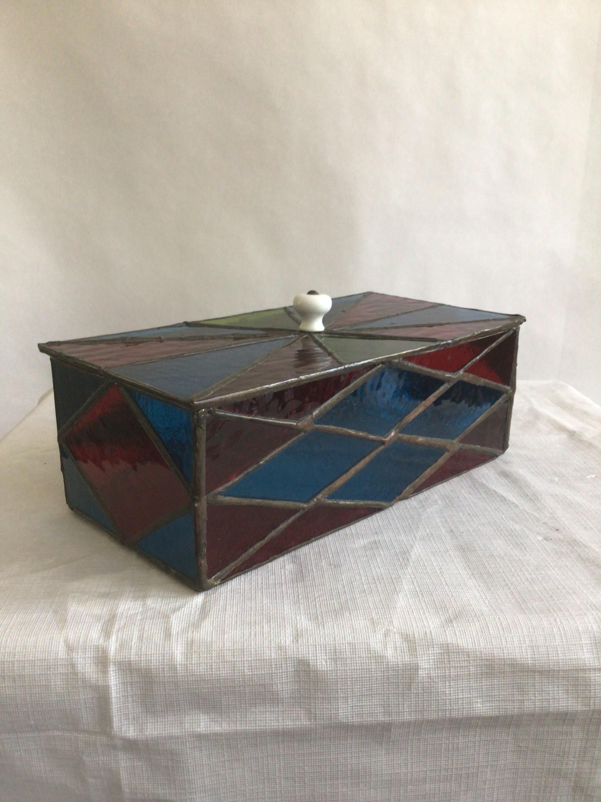 Hand-Crafted 1950s Colorful Leaded Stained Glass Box With Removable Lid For Sale