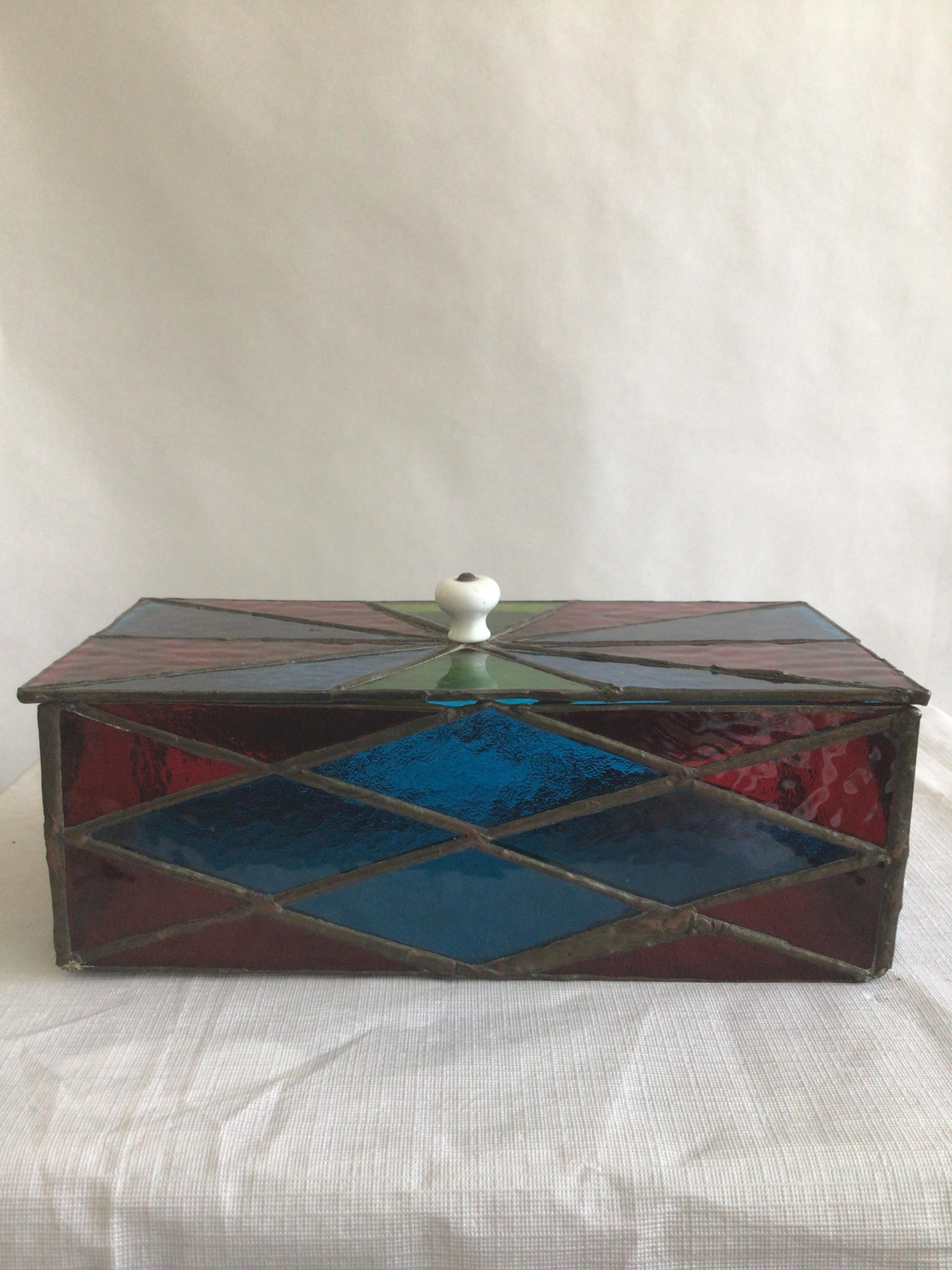 Mid-20th Century 1950s Colorful Leaded Stained Glass Box With Removable Lid For Sale