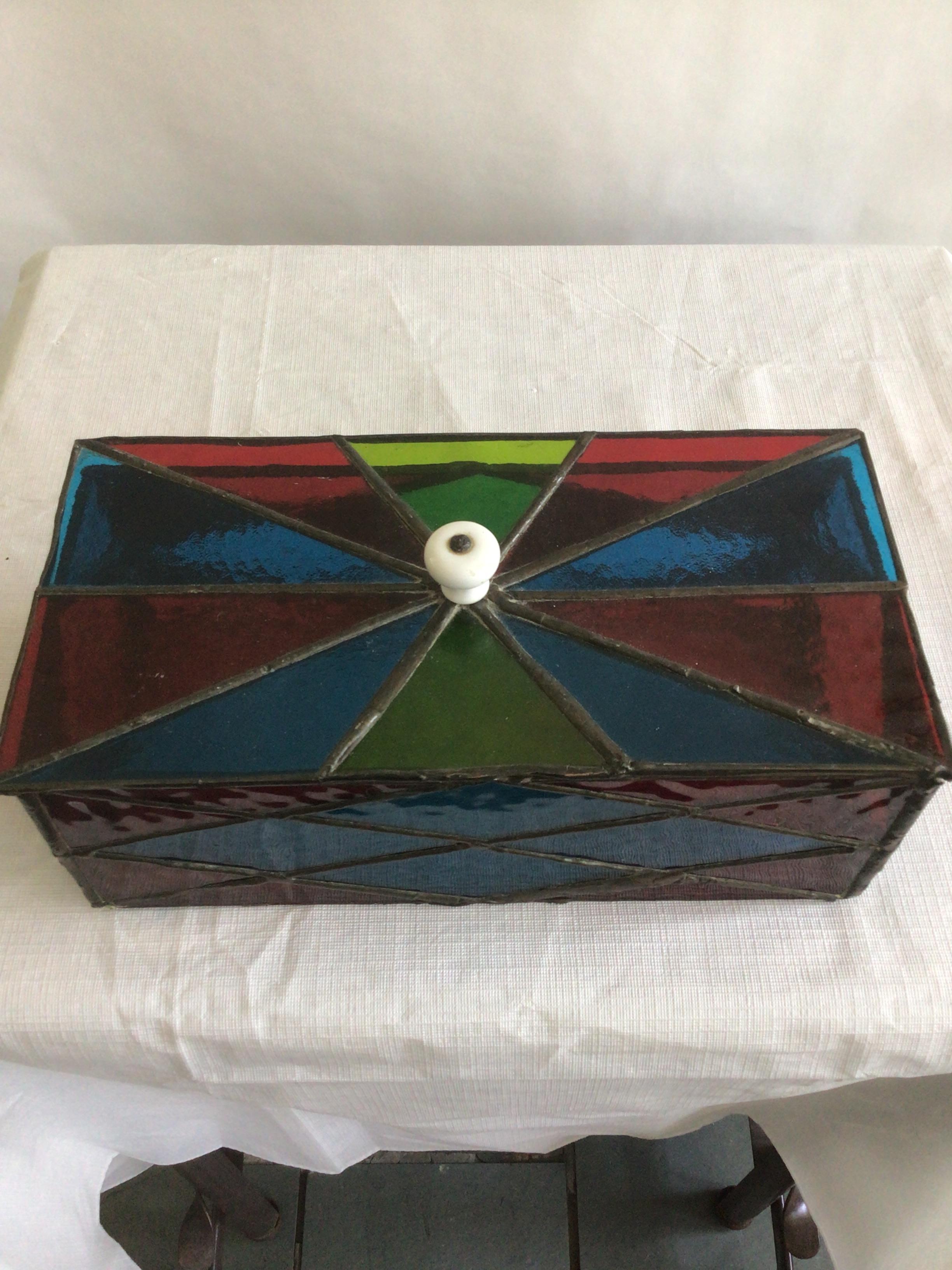 1950s Colorful Leaded Stained Glass Box With Removable Lid For Sale 1