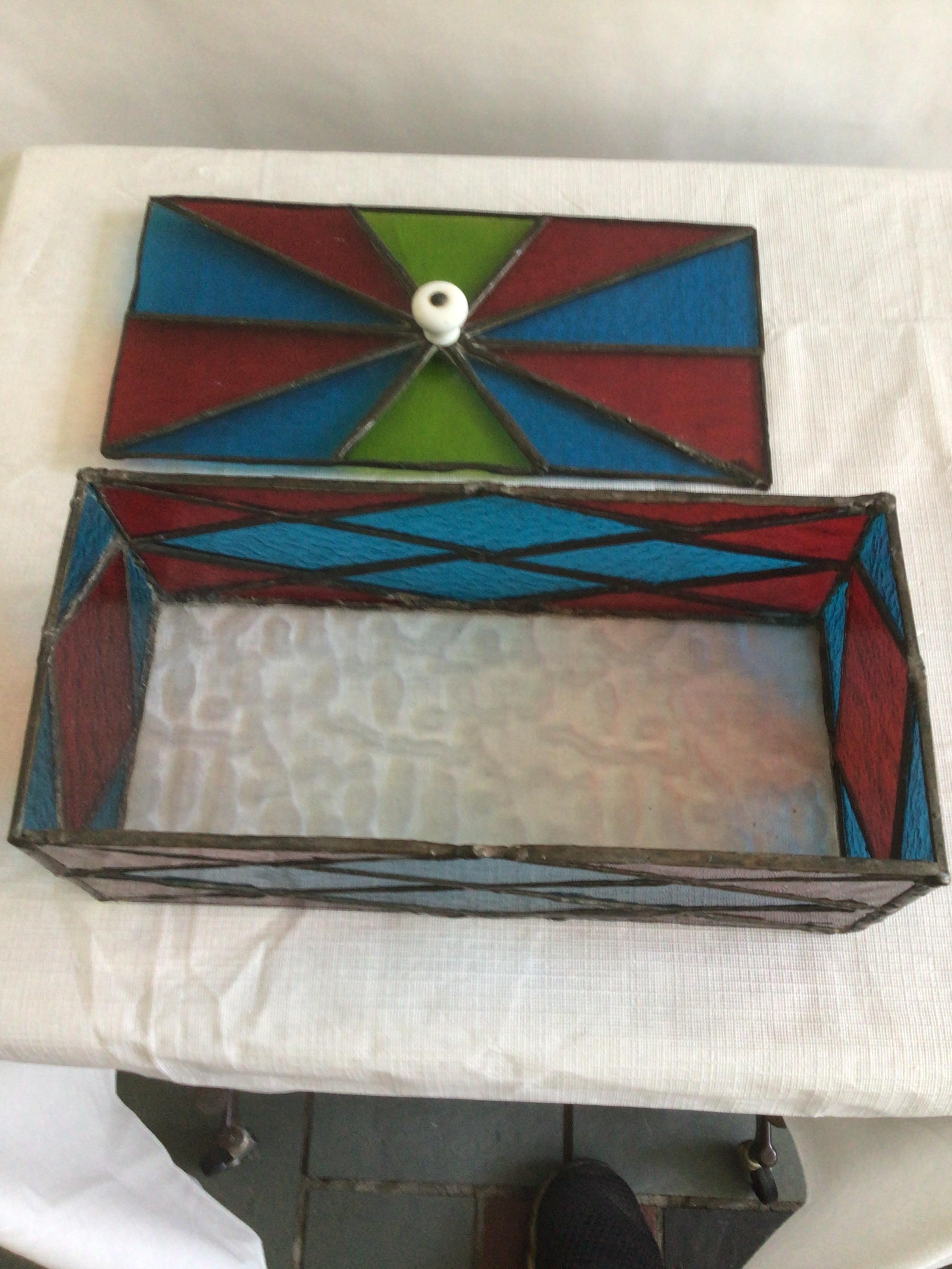 1950s Colorful Leaded Stained Glass Box With Removable Lid For Sale 2