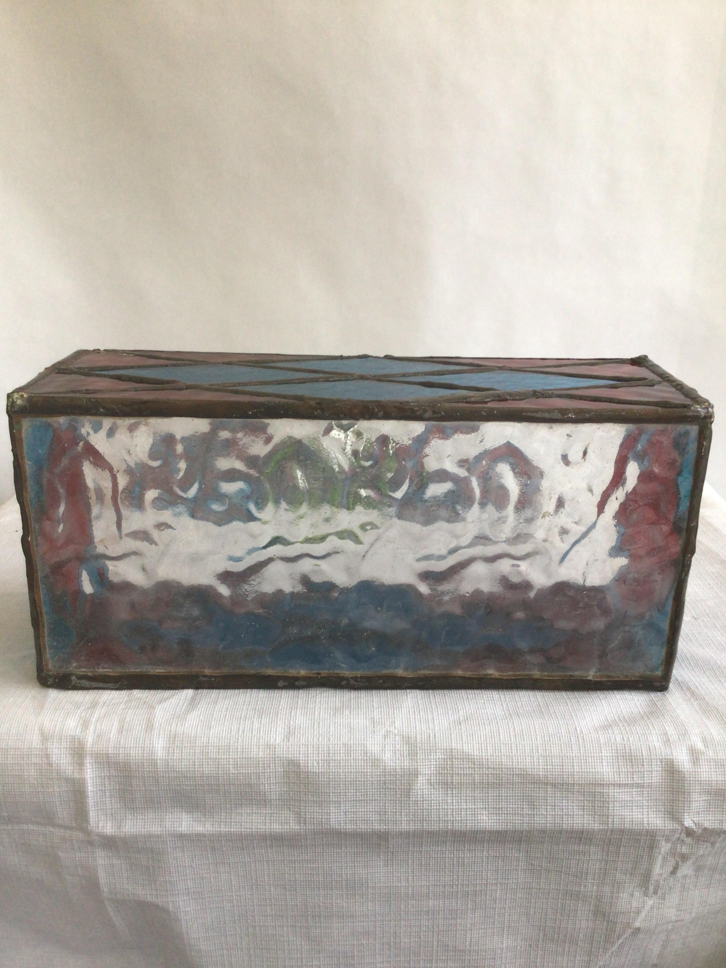 1950s Colorful Leaded Stained Glass Box With Removable Lid For Sale 3