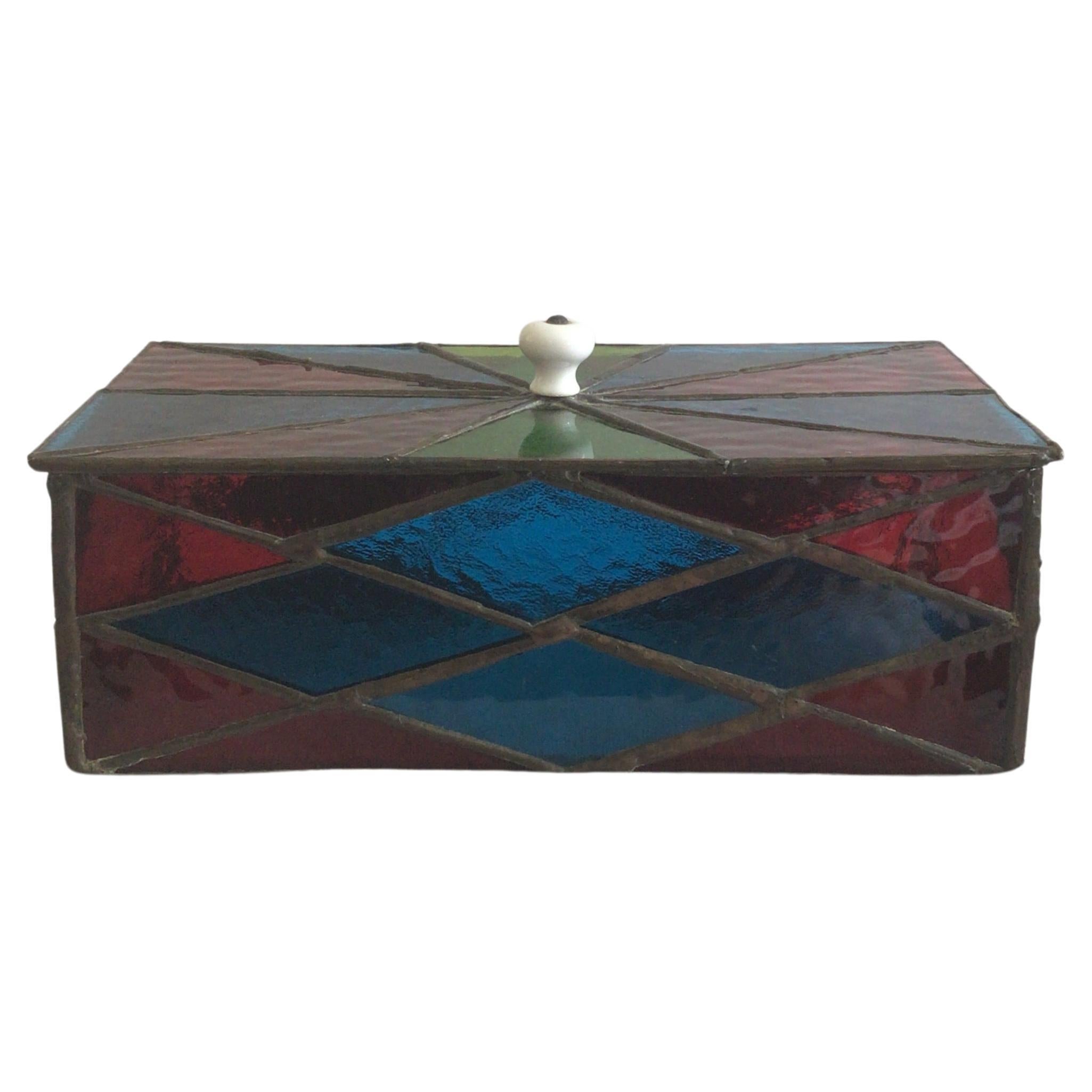 1950s Colorful Leaded Stained Glass Box With Removable Lid For Sale