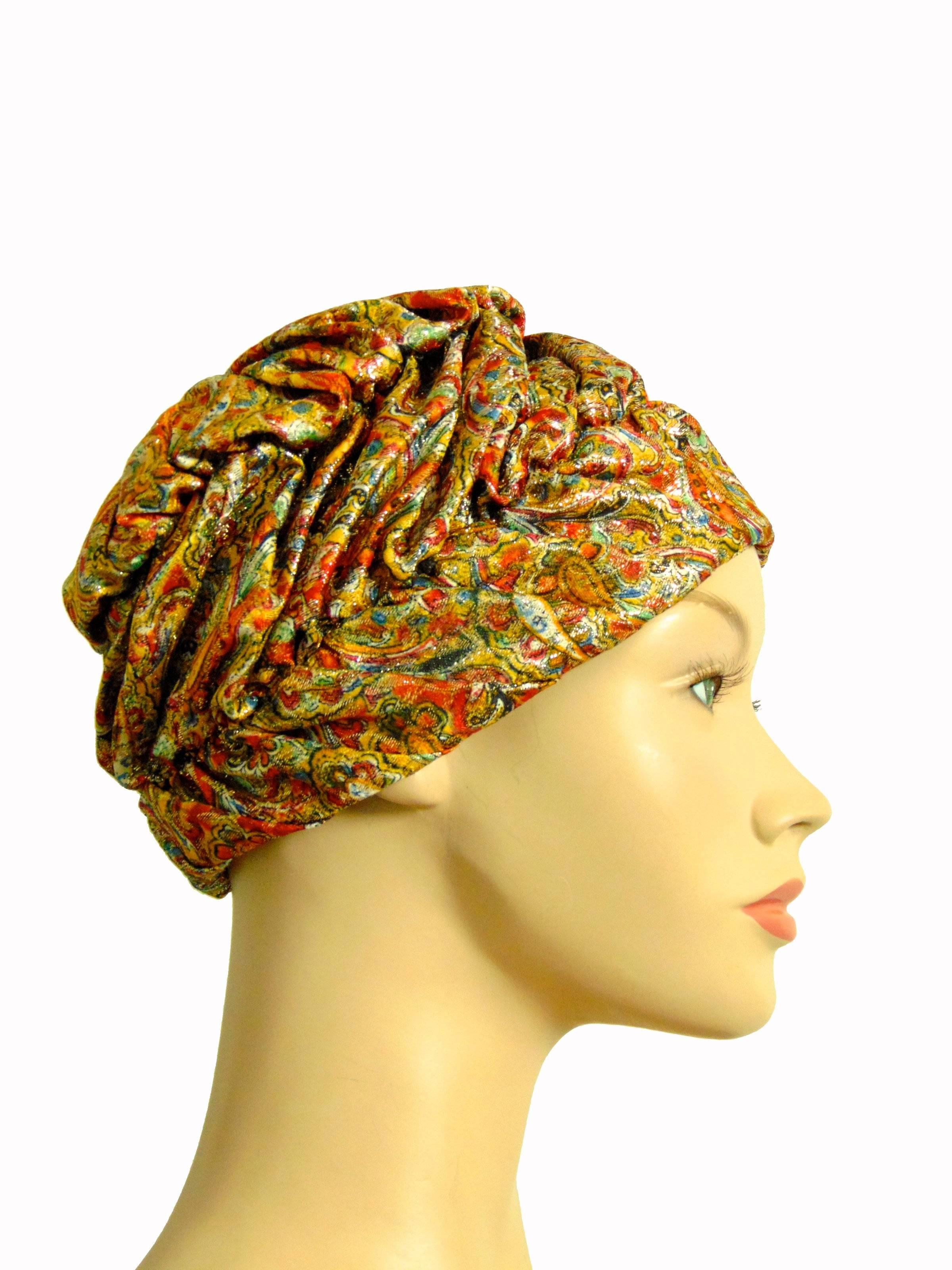 1950s Colorful Metallic Paisley Turban Hat by Marshall Field & Company Size S  In Good Condition In Port Saint Lucie, FL