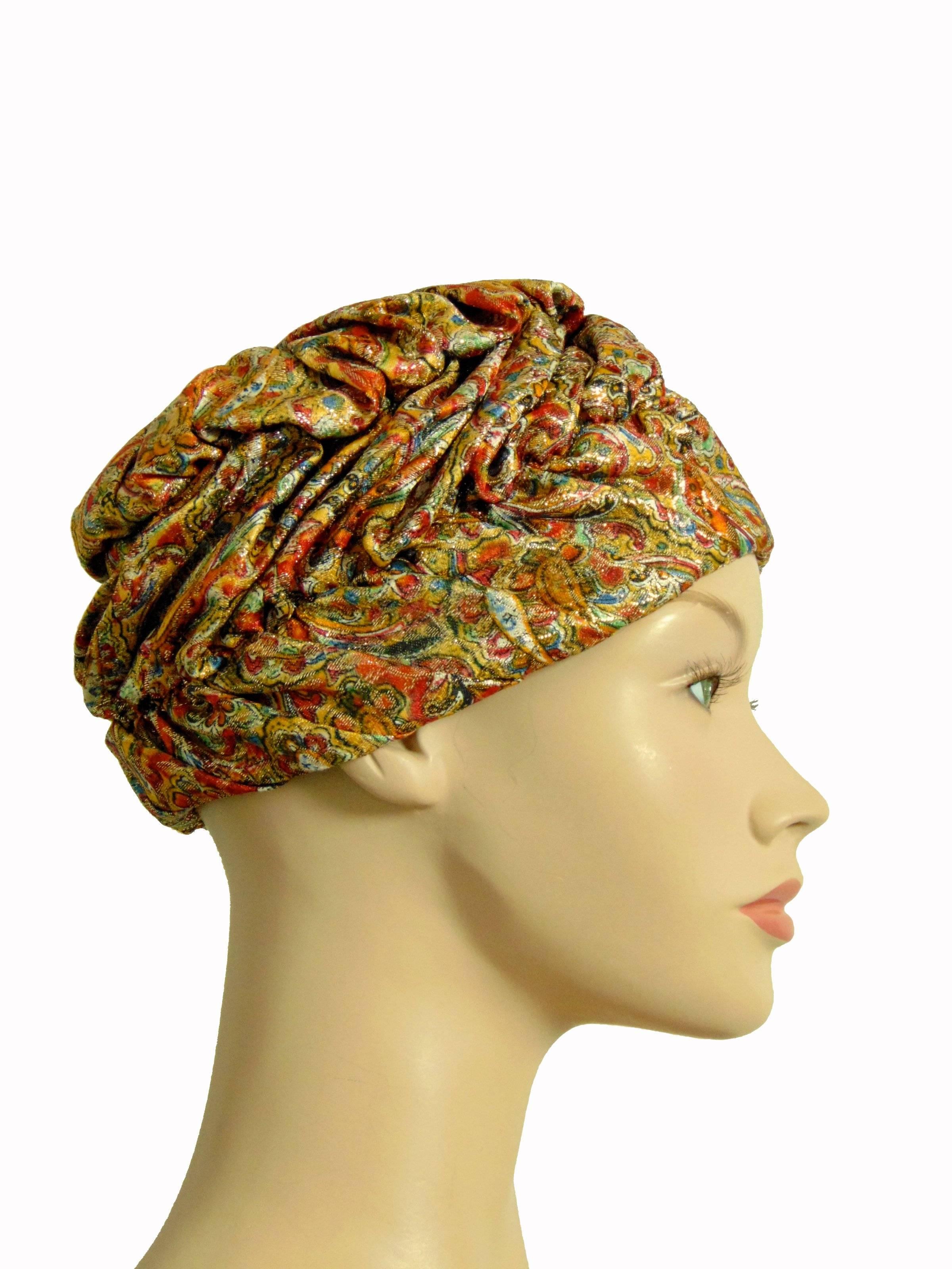 1950s Colorful Metallic Paisley Turban Hat by Marshall Field & Company Size S  1