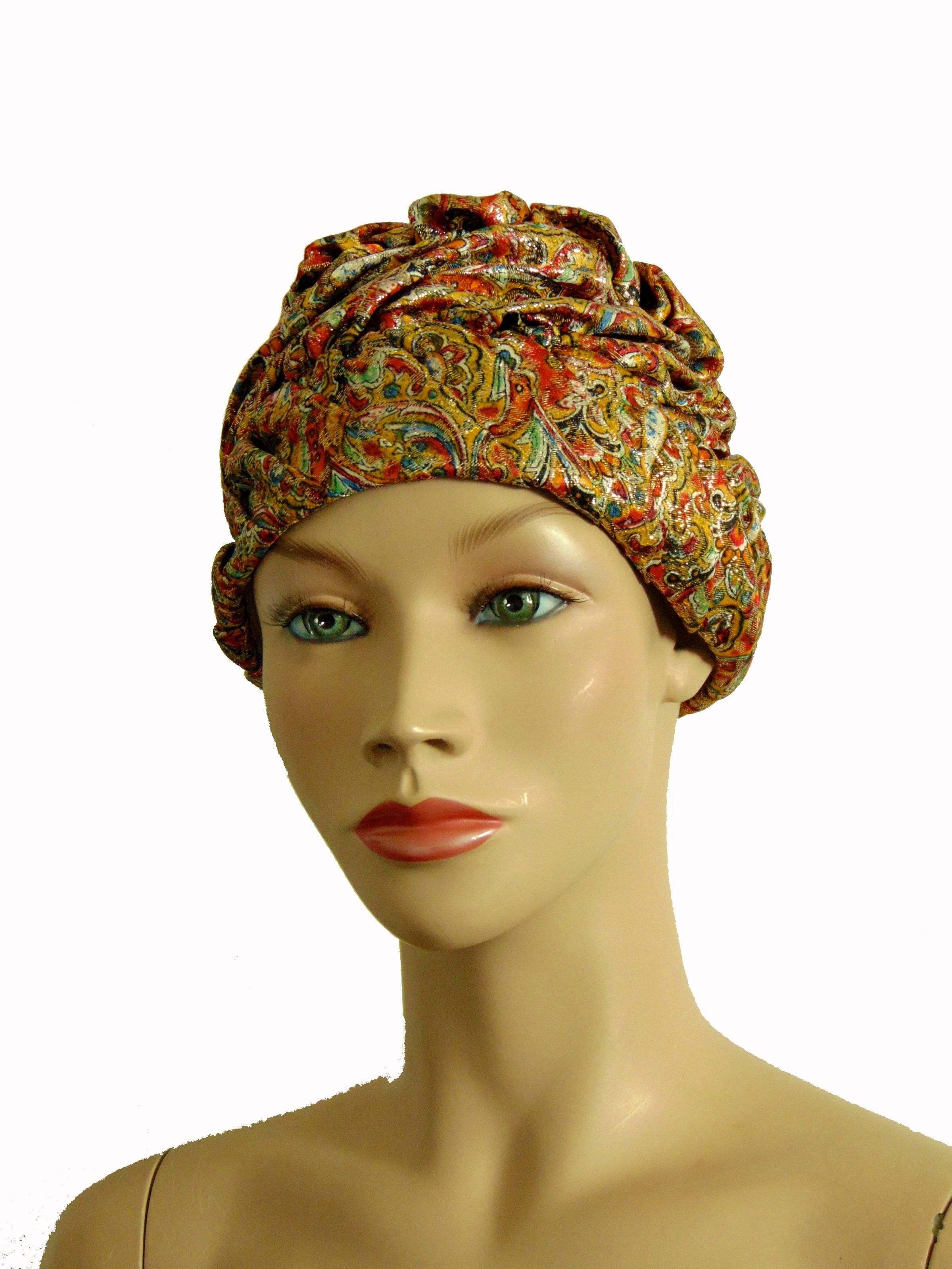 1950s Colorful Metallic Paisley Turban Hat by Marshall Field & Company Size S  2