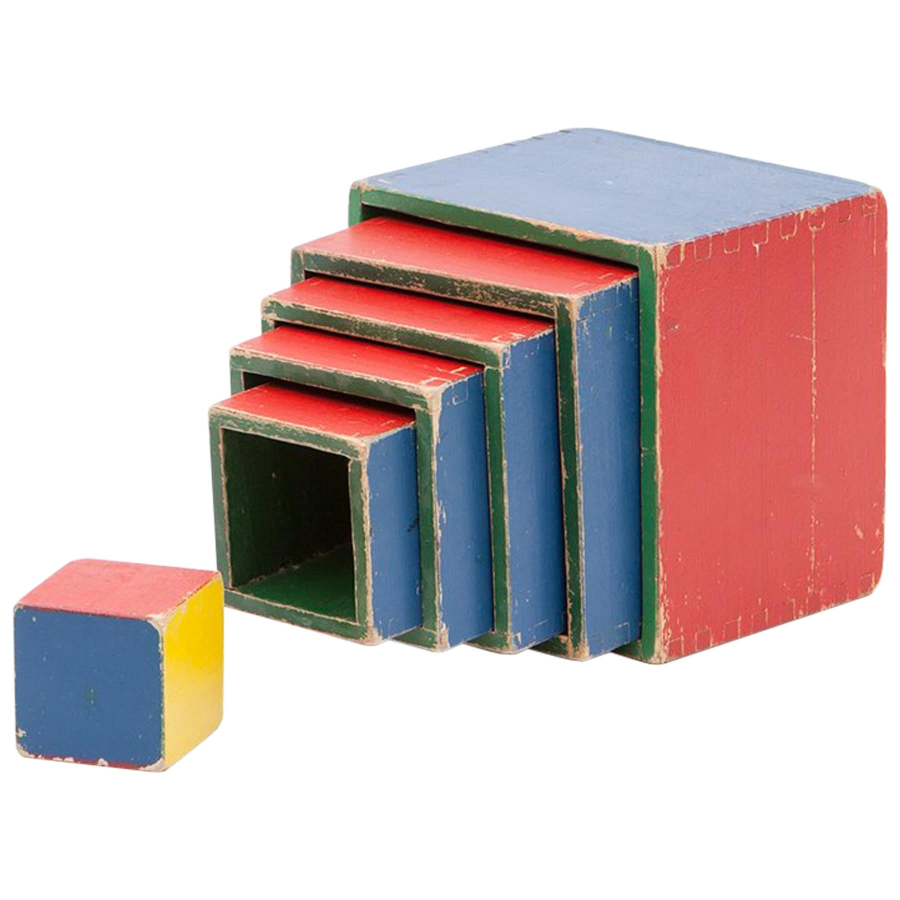 1950s Colorful Wooden Cube Set Made in West Germany by Steiff For Sale