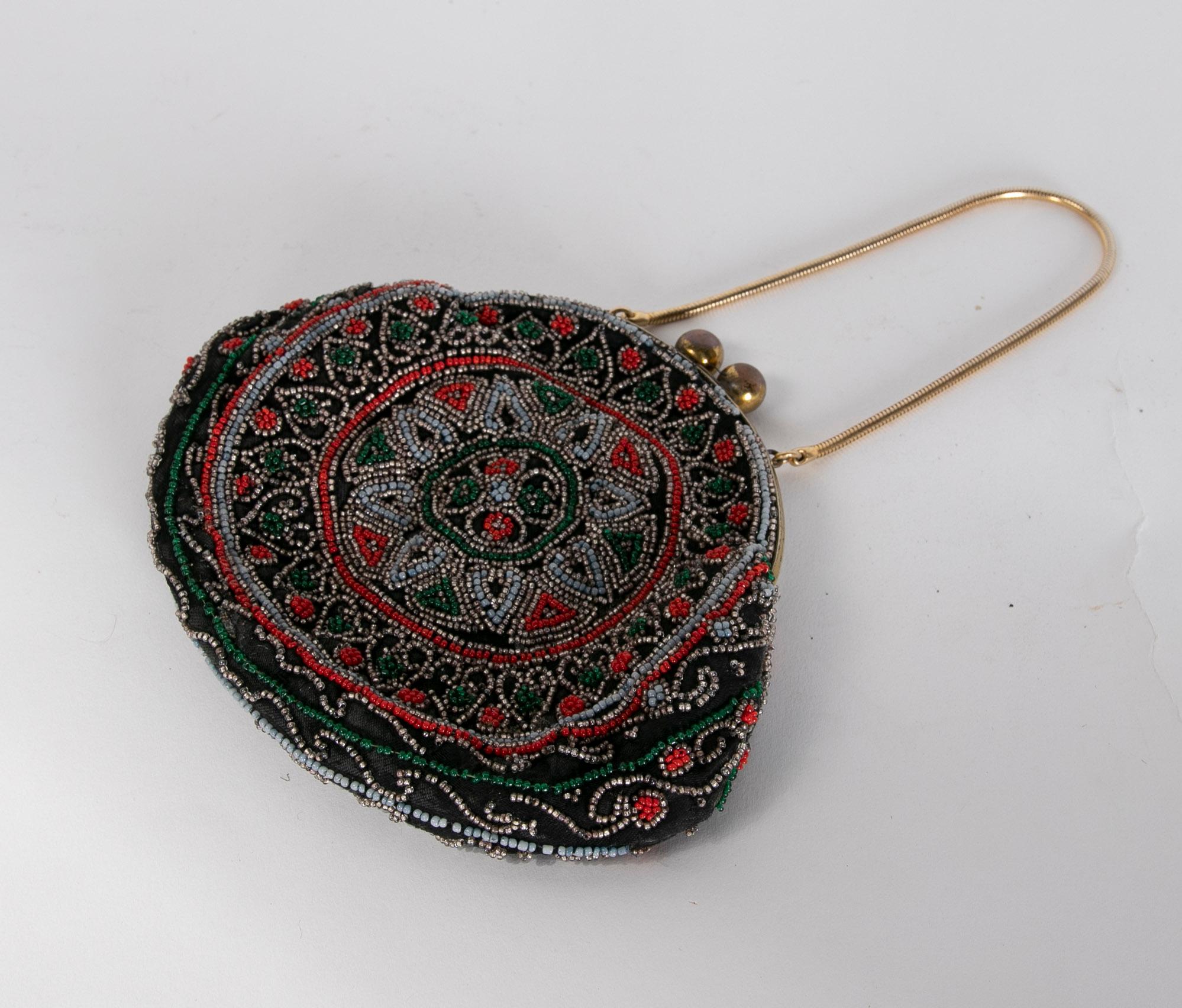 European 1950s Coloured Beads Brass and Silk Handbag For Sale