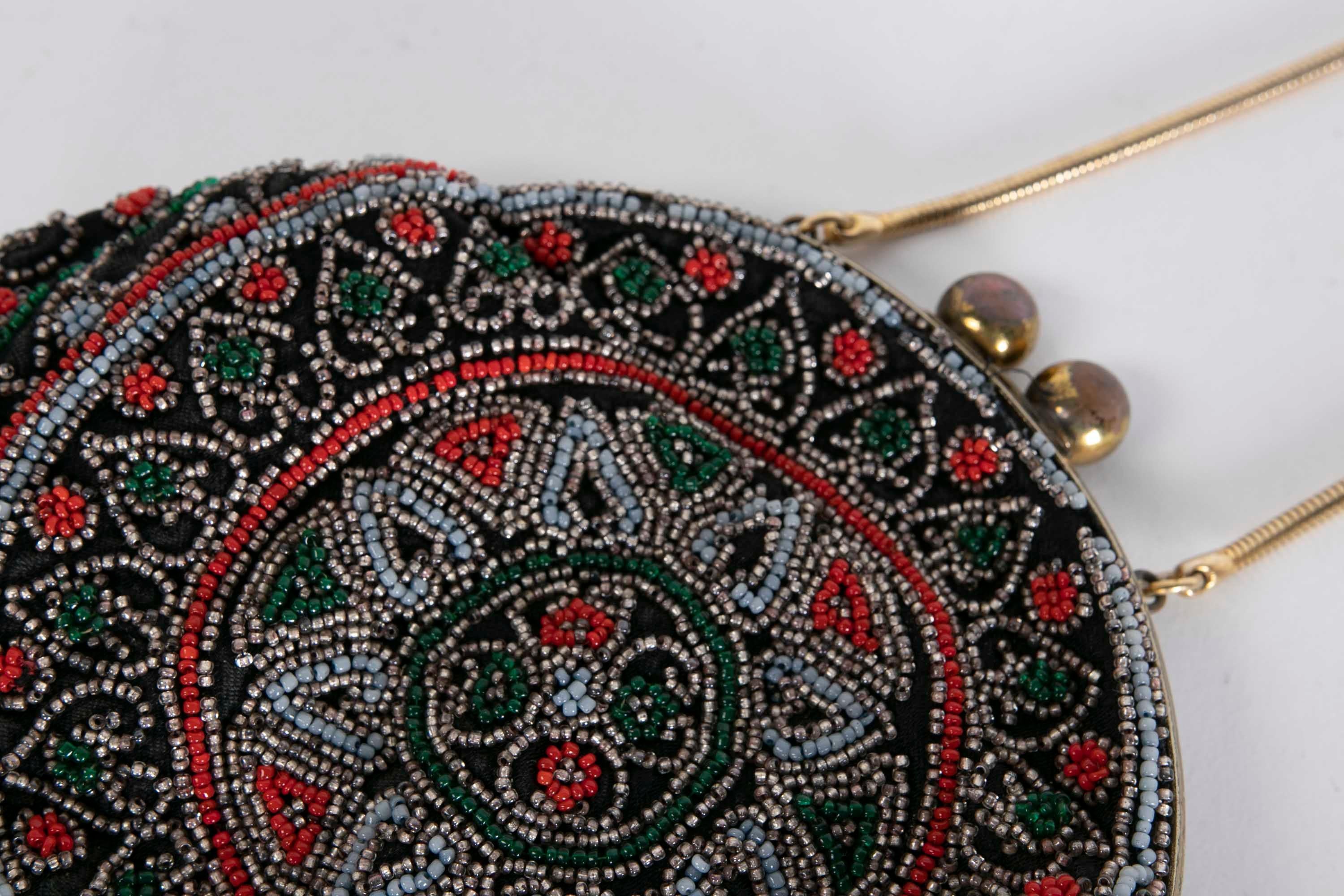 20th Century 1950s Coloured Beads Brass and Silk Handbag For Sale