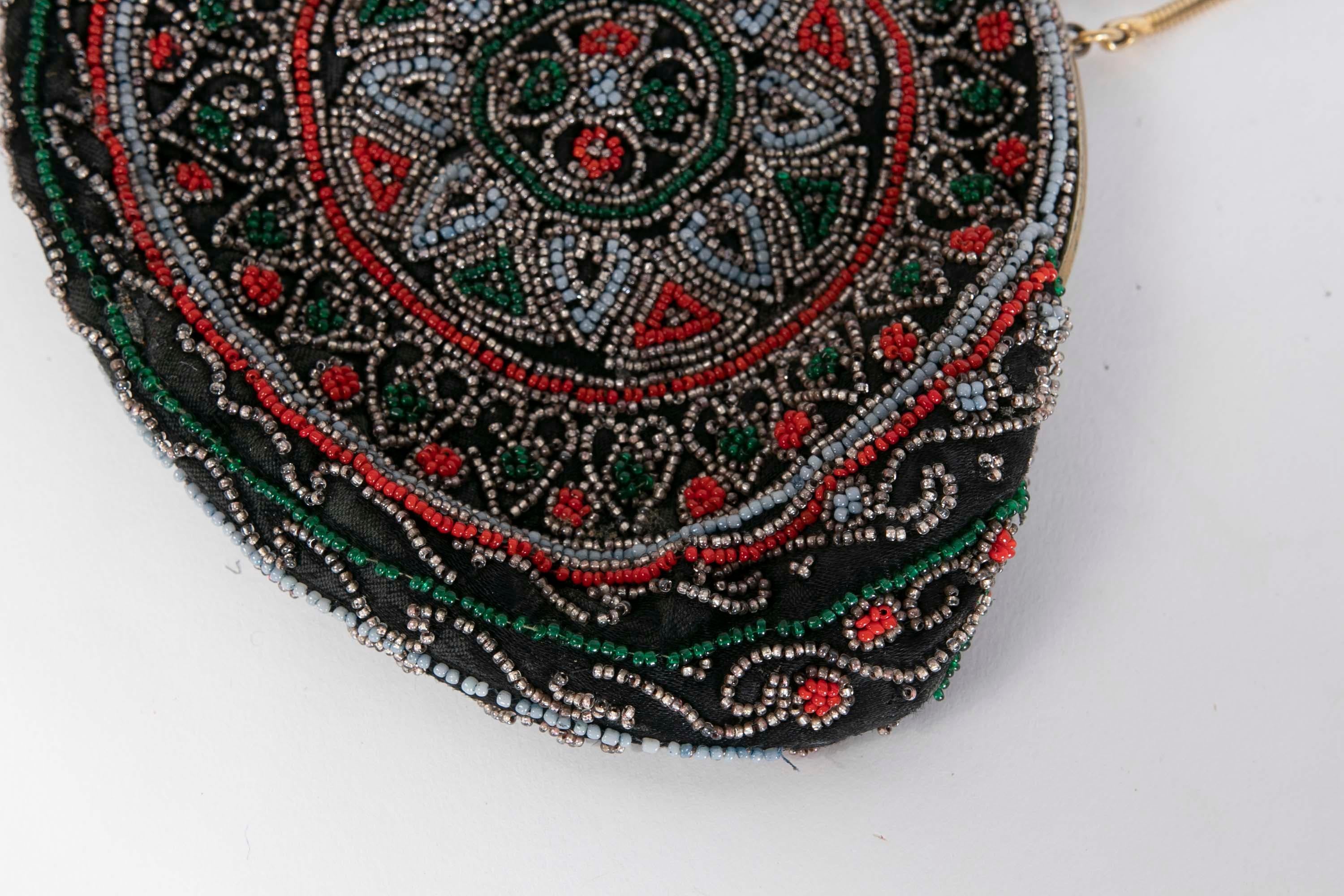 1950s Coloured Beads Brass and Silk Handbag For Sale 2