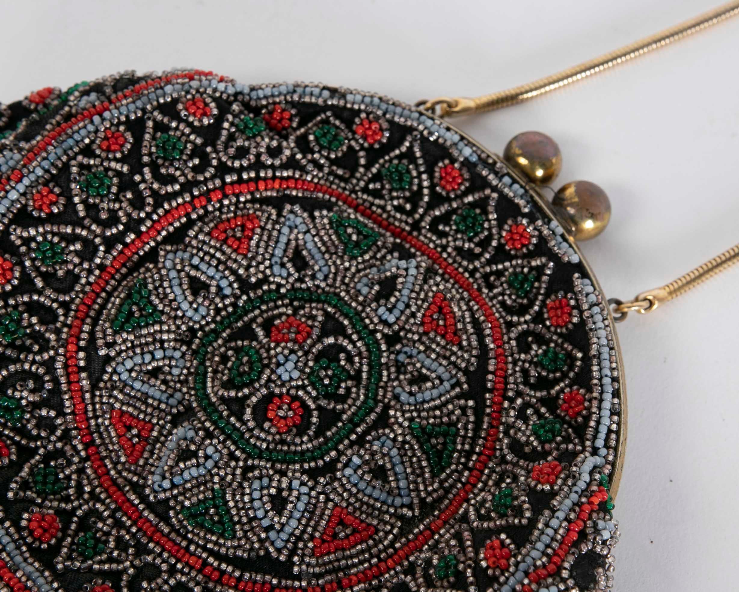 1950s Coloured Beads Brass and Silk Handbag For Sale 3