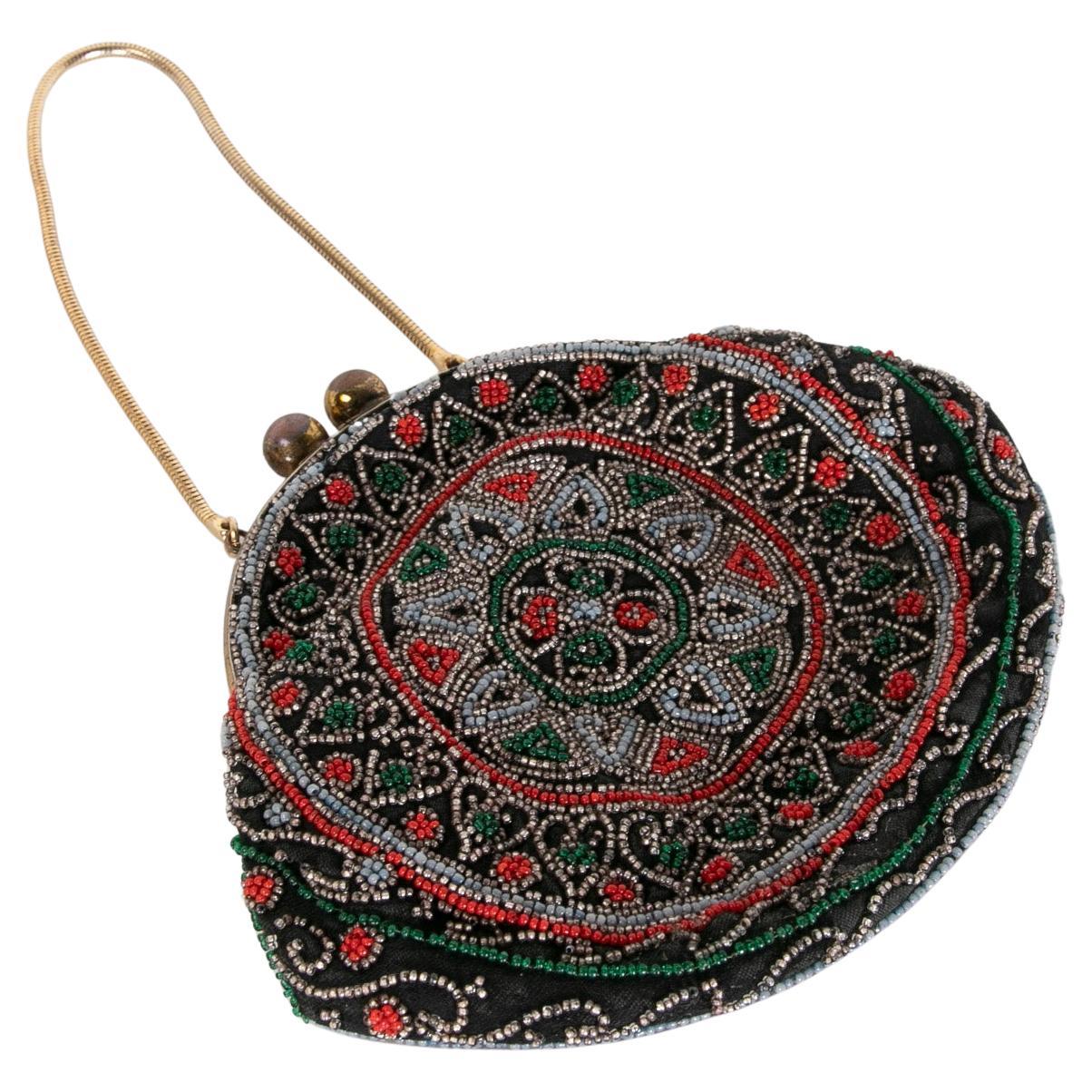 1950s Coloured Beads Brass and Silk Handbag For Sale
