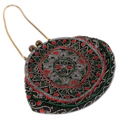 Vintage 1950s Coloured Beads Brass and Silk Handbag