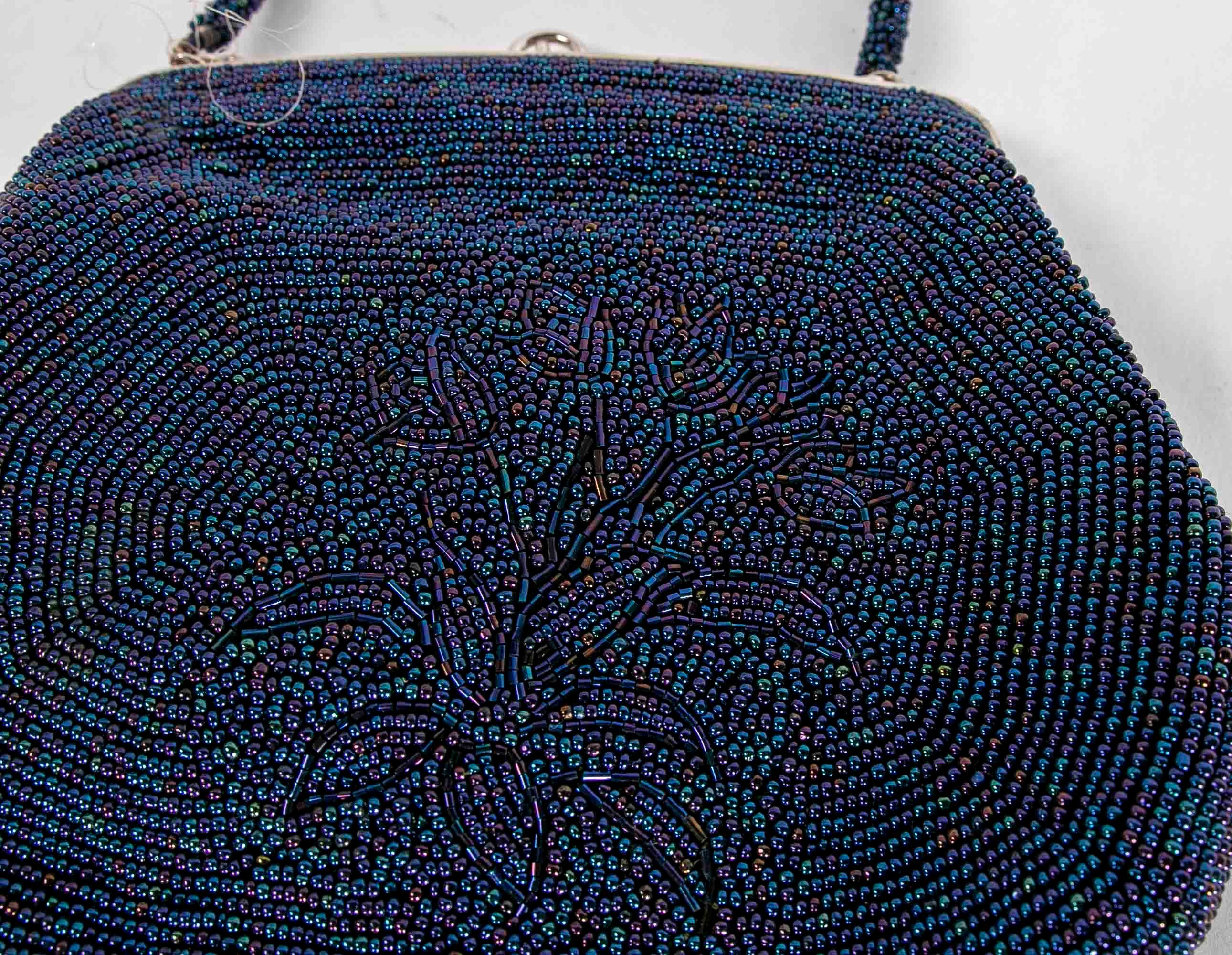 European 1950s Coloured Beads Metal and Silk Handbag For Sale