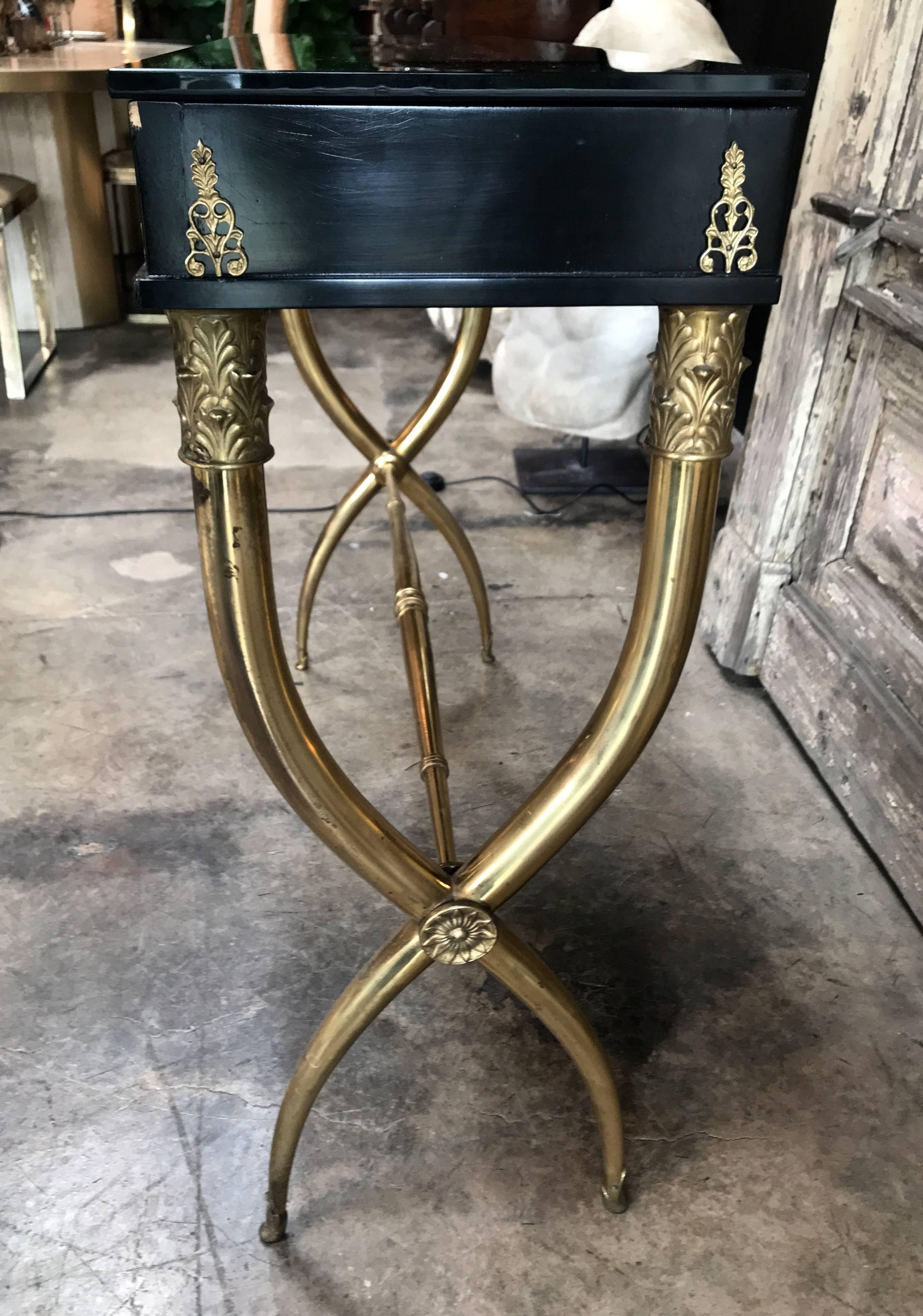 Blackened 1950s Console Table Italian with Brass Legs