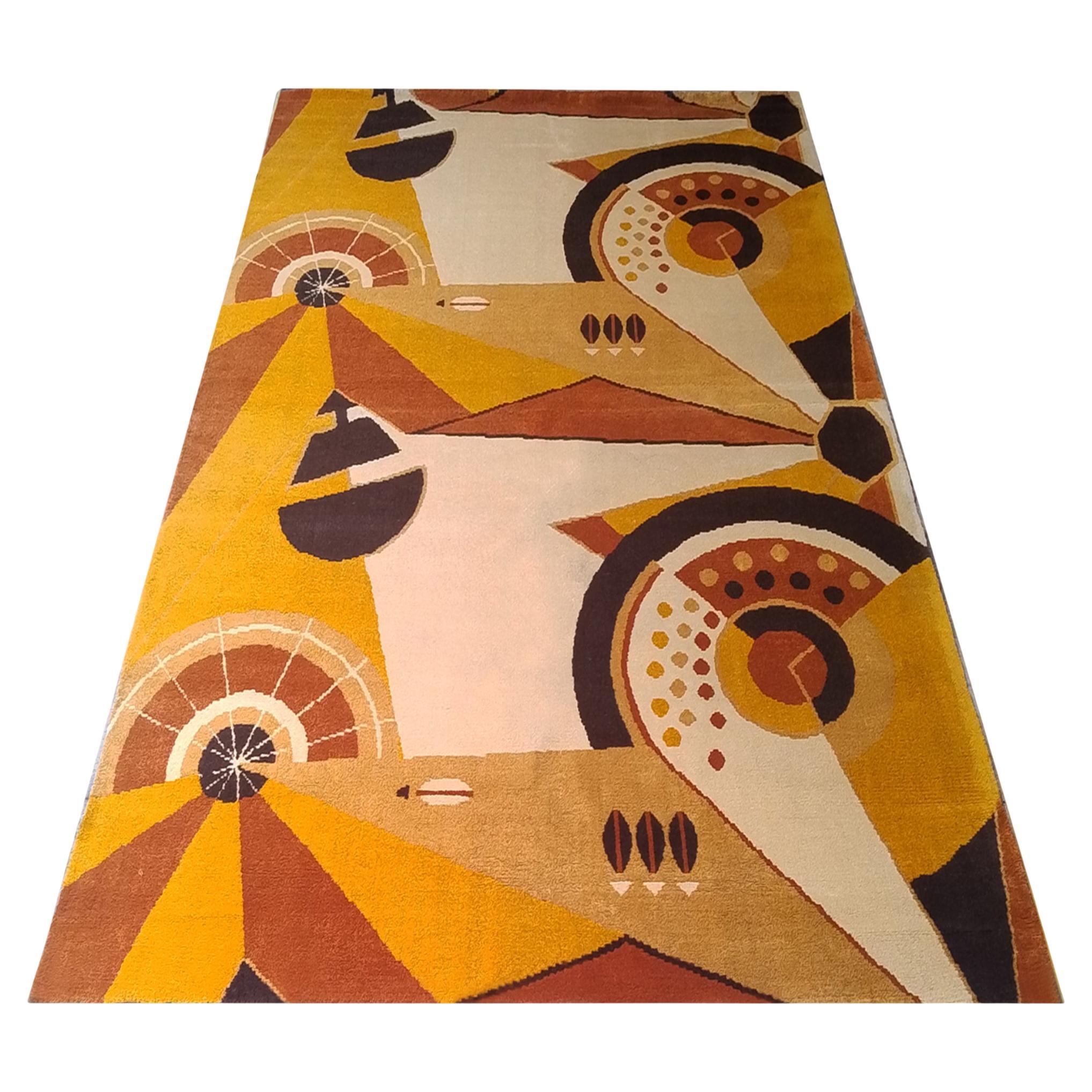 1950s Constructivist Wool Rug, Mechanical Design, Unique French Piece For Sale