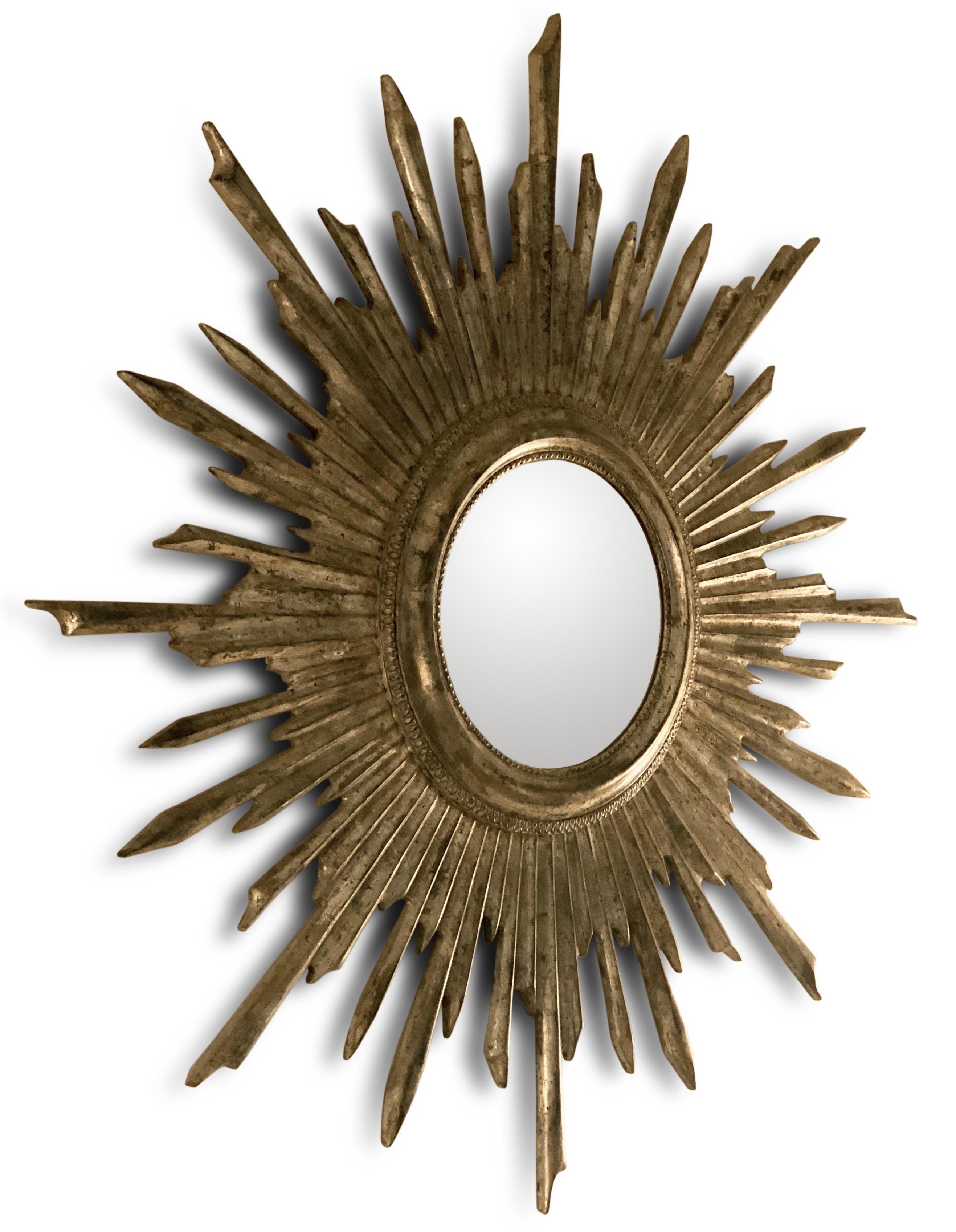 Mid-20th Century 1950s Convex Gilt Leaf Sunburst Mirror