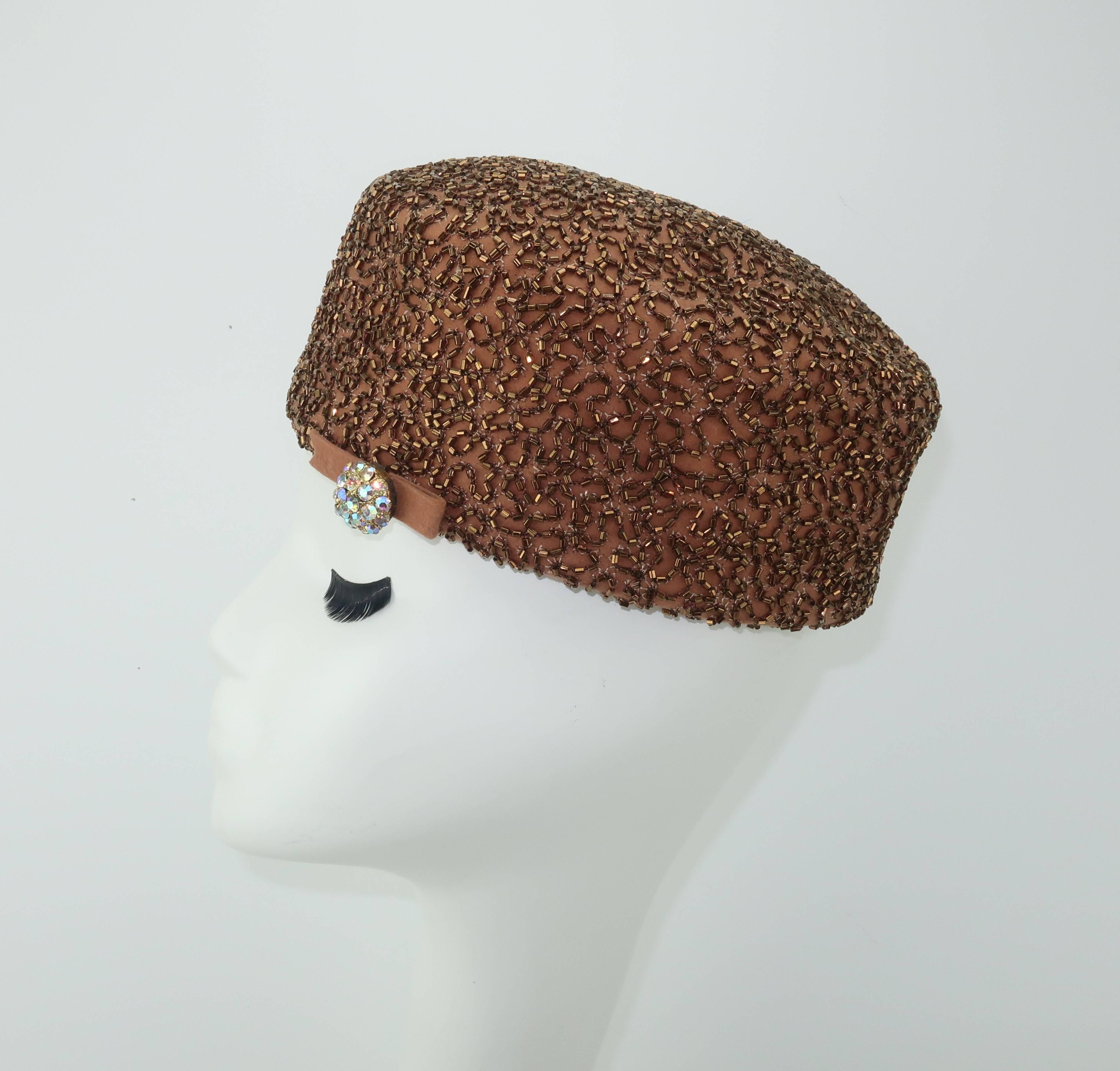 1950's Leslie James Copper Beaded Brown Pillbox Hat In Excellent Condition In Atlanta, GA