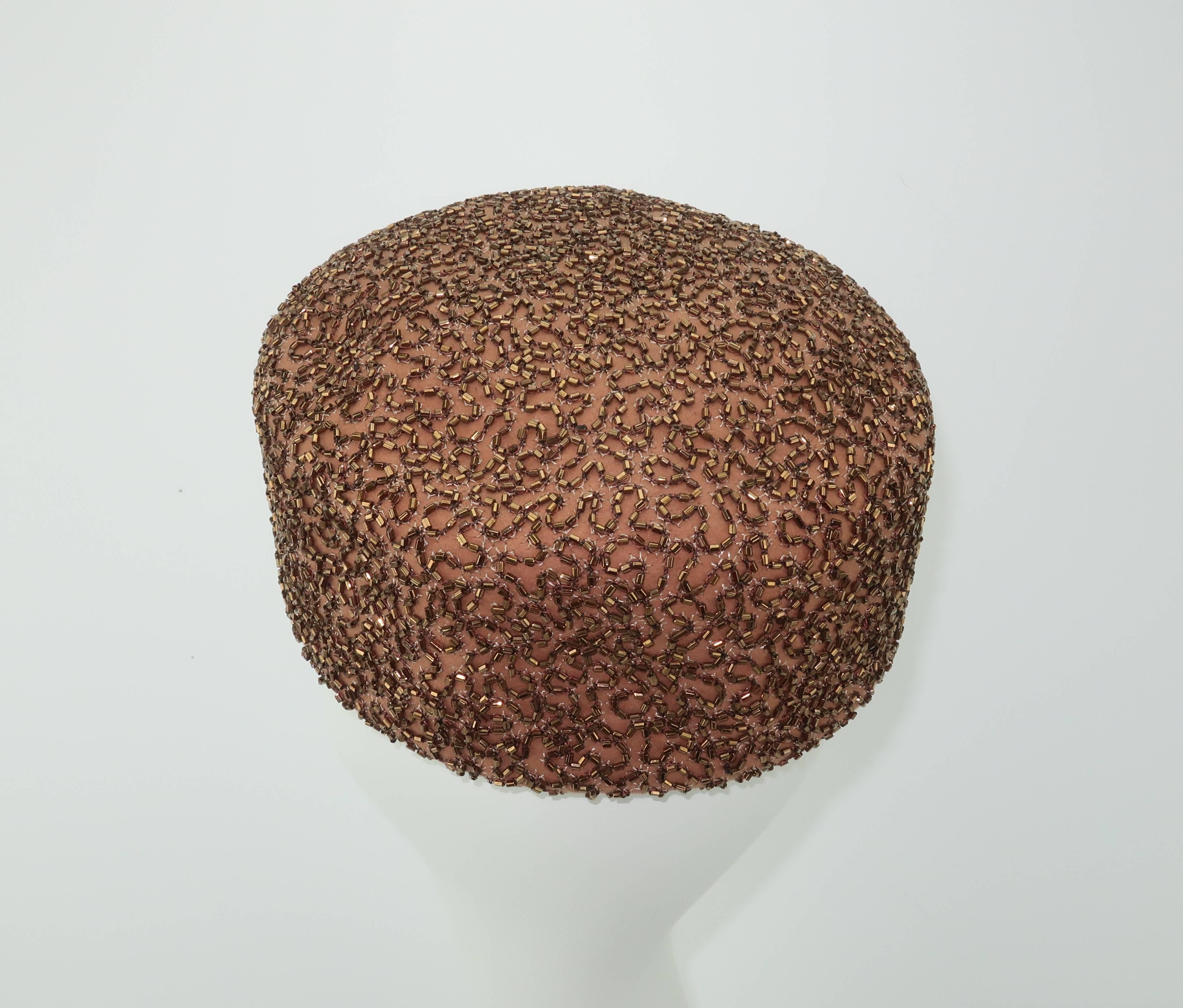 Women's 1950's Leslie James Copper Beaded Brown Pillbox Hat