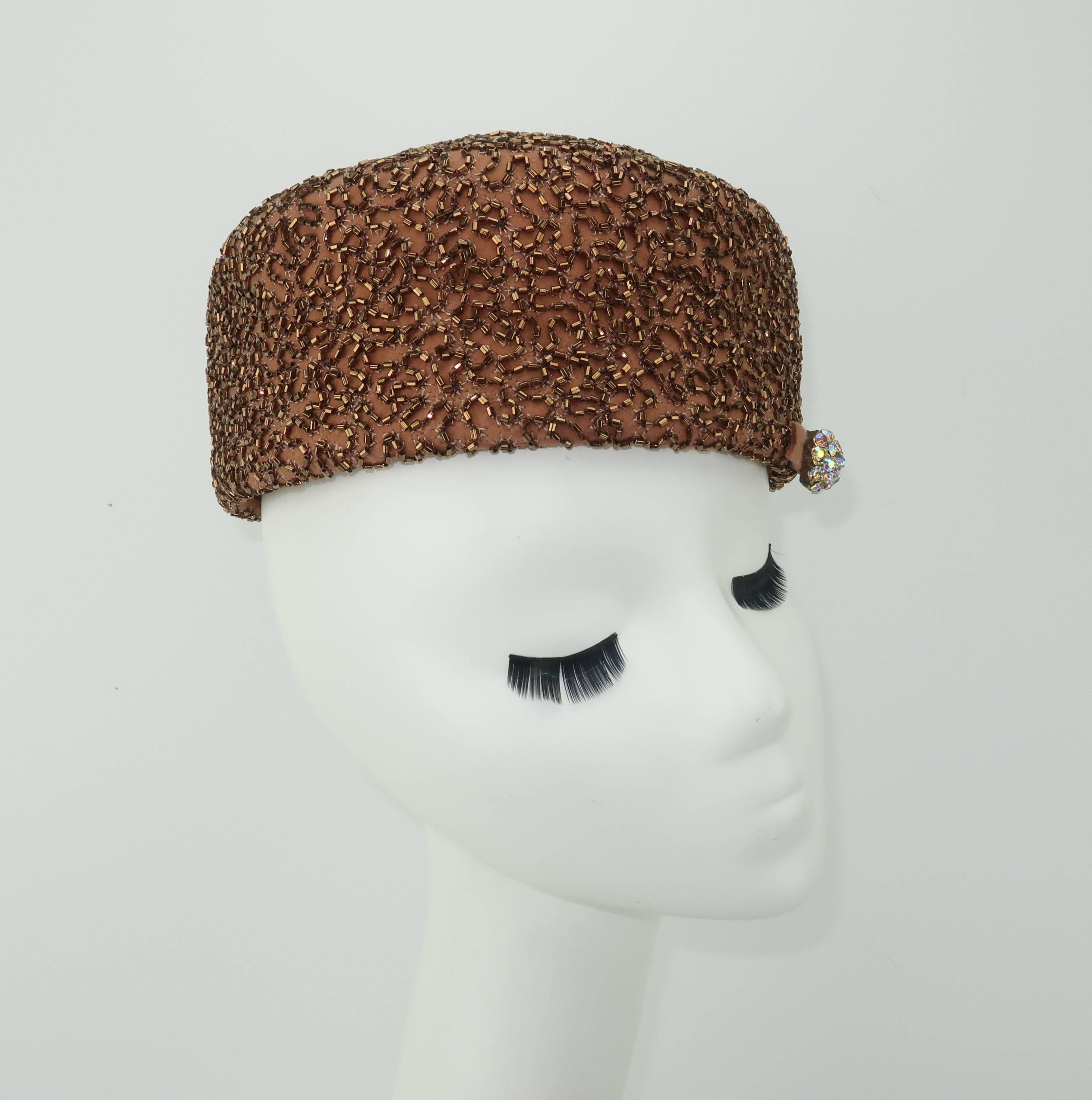 1950's Leslie James Copper Beaded Brown Pillbox Hat 1