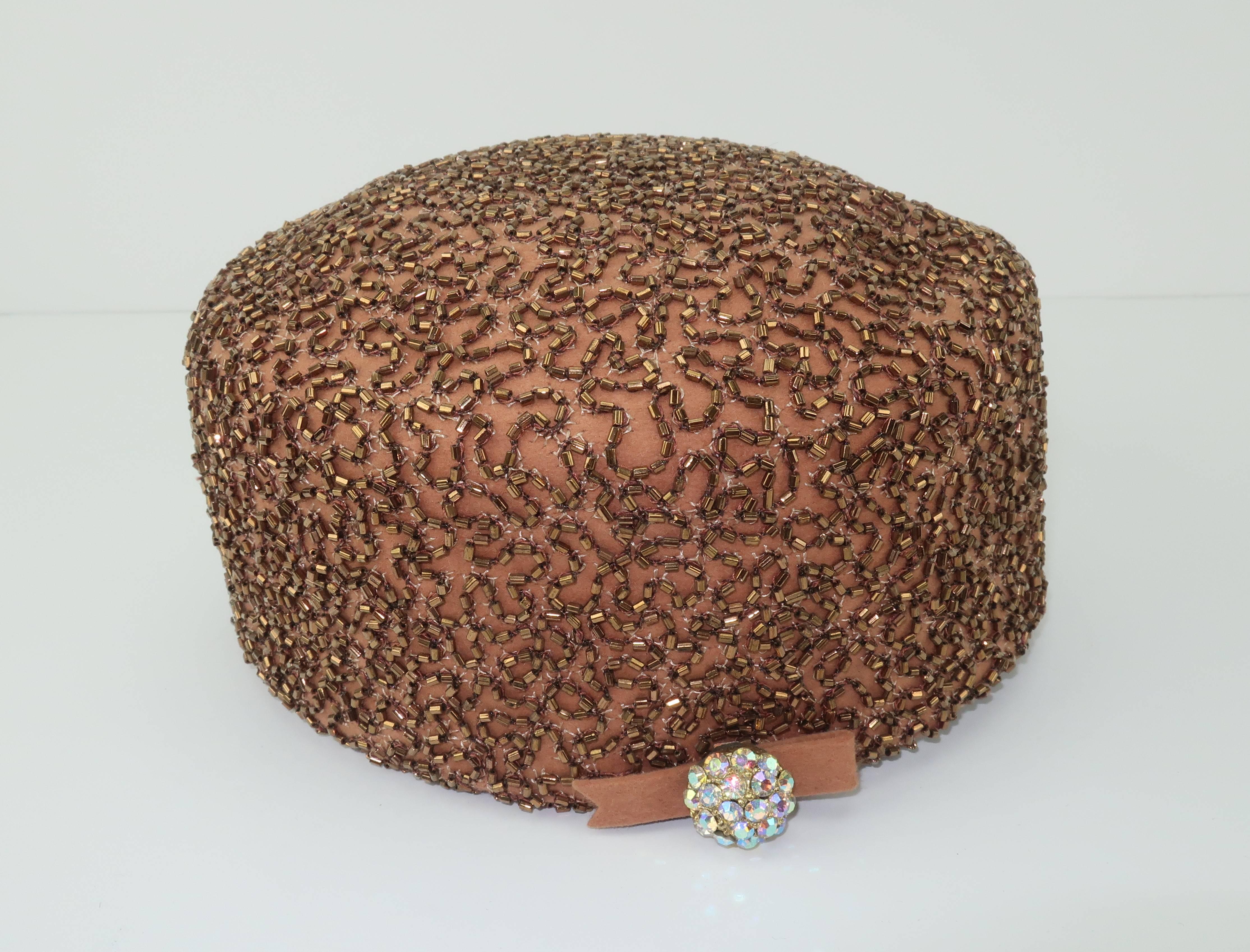 1950's Leslie James Copper Beaded Brown Pillbox Hat 2