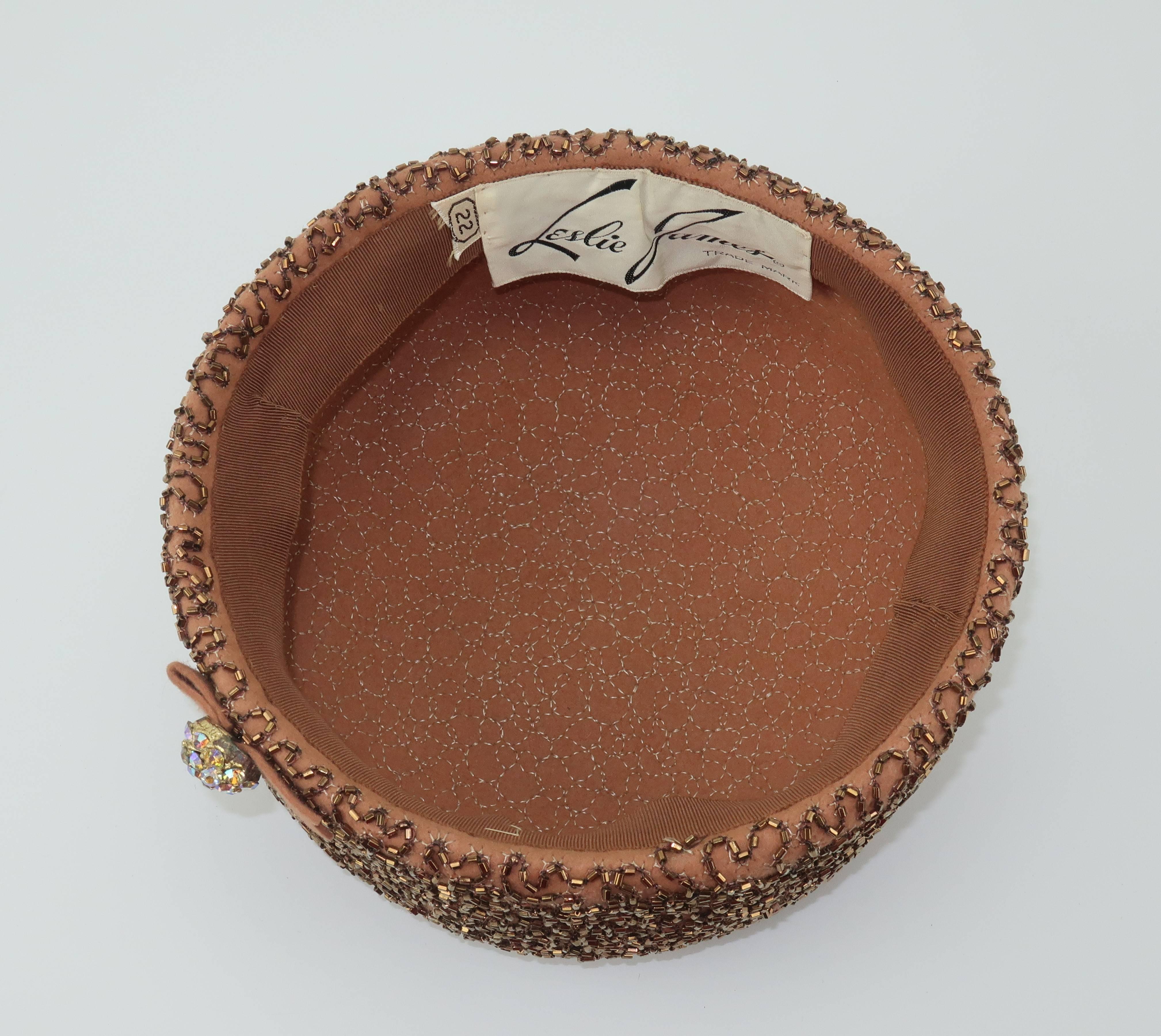 1950's Leslie James Copper Beaded Brown Pillbox Hat 5