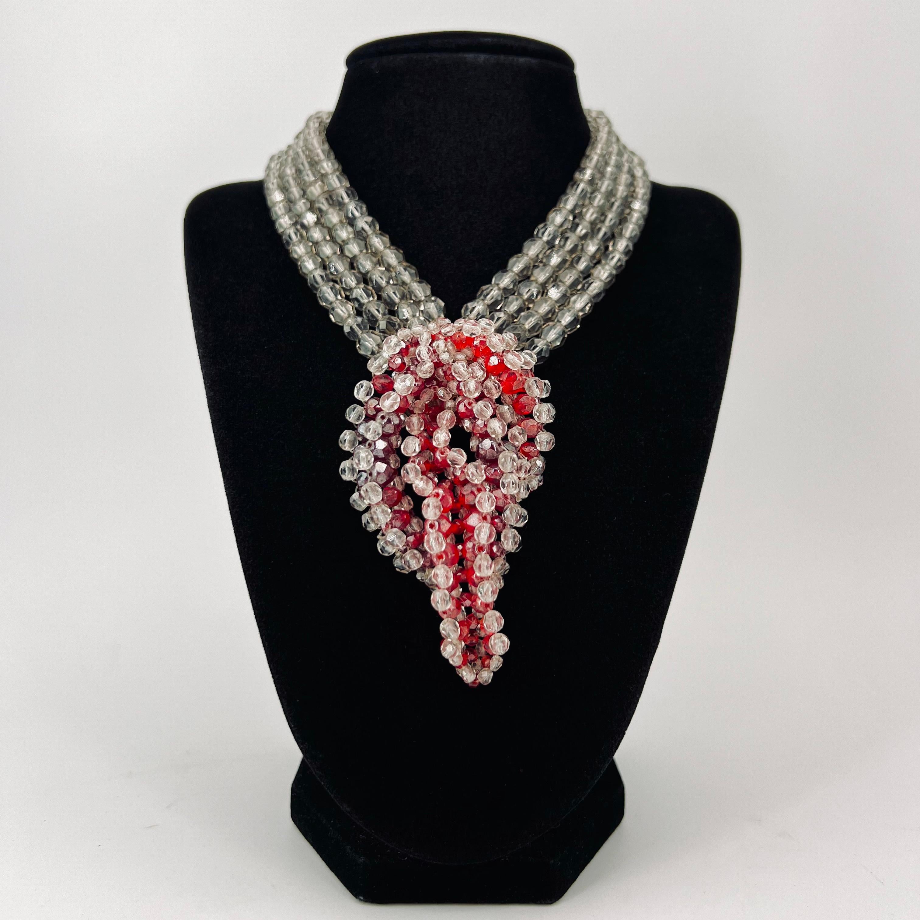 Statement Collar Necklace, with an intricate design of Smokey Crystal Beads with Shades of Deep Blood Red & Bright Red Crystal Beads Woven into a Sculpted Design. Coppola e Toppo Signature on the back of the clasp: Made in Italy by Coppola e Toppo.