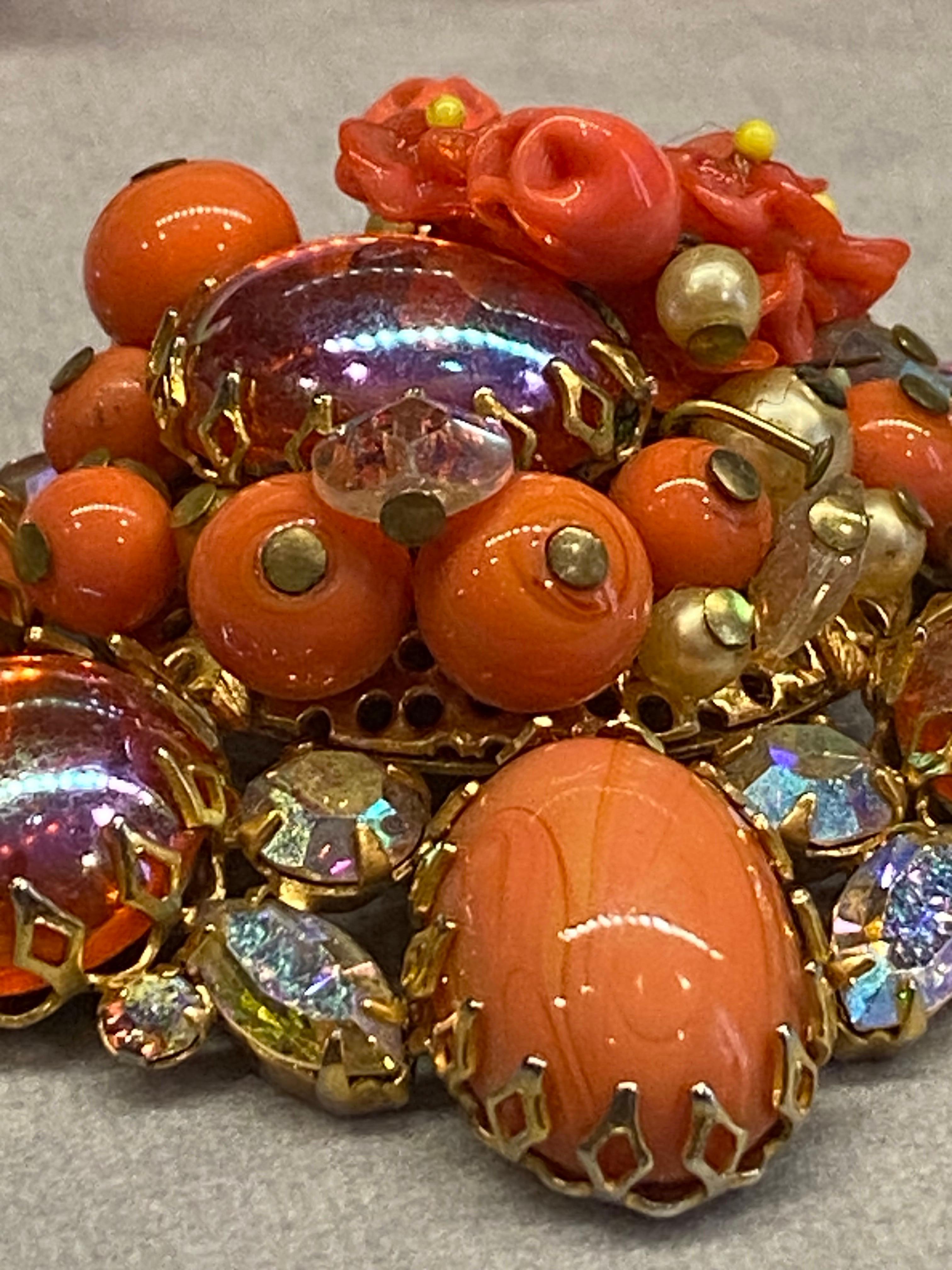 1950s Coral glass bead, flower, cabochon & rhinestoned necklace & earrings For Sale 7