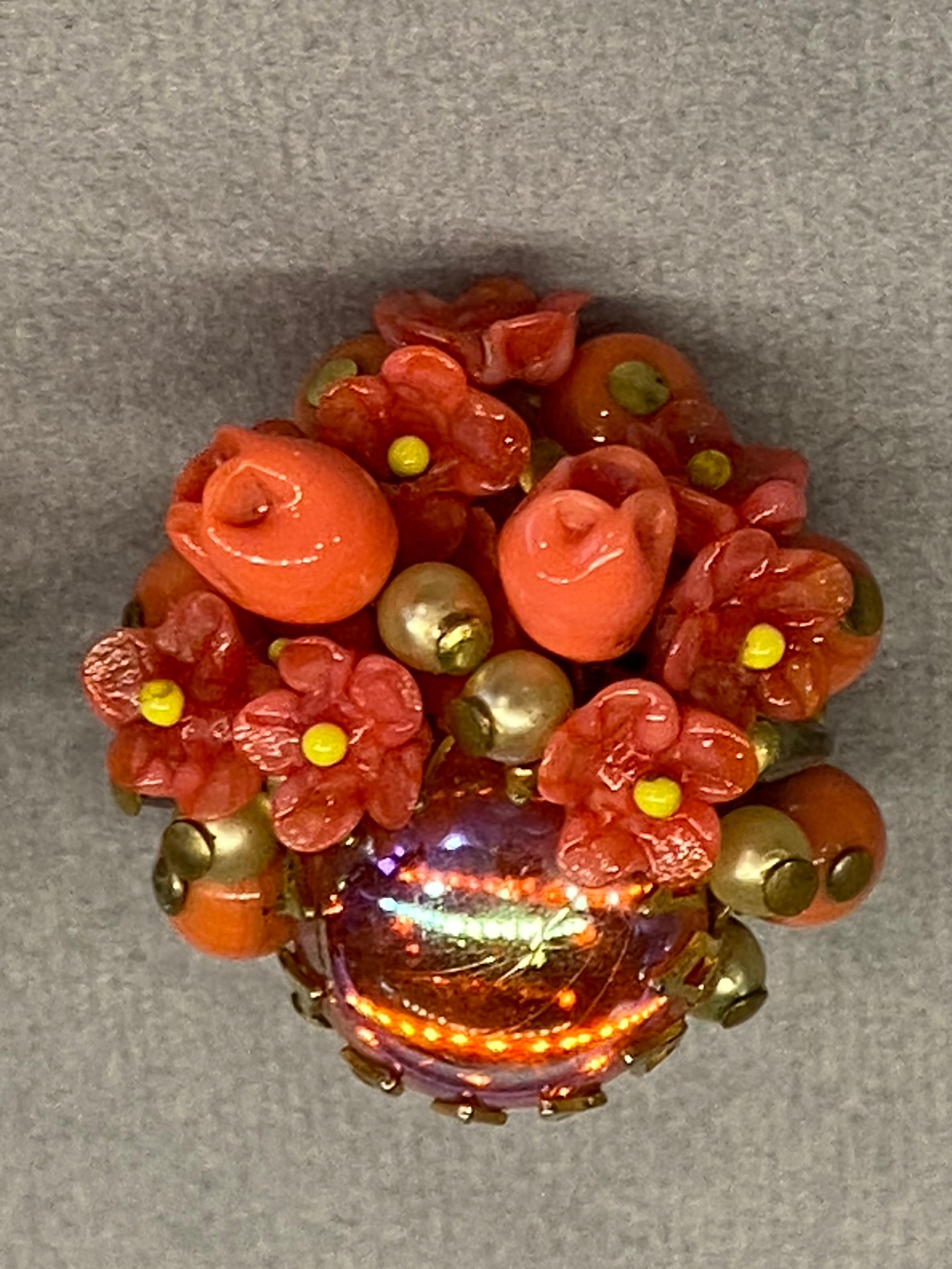 1950s Coral glass bead, flower, cabochon & rhinestoned necklace & earrings For Sale 10