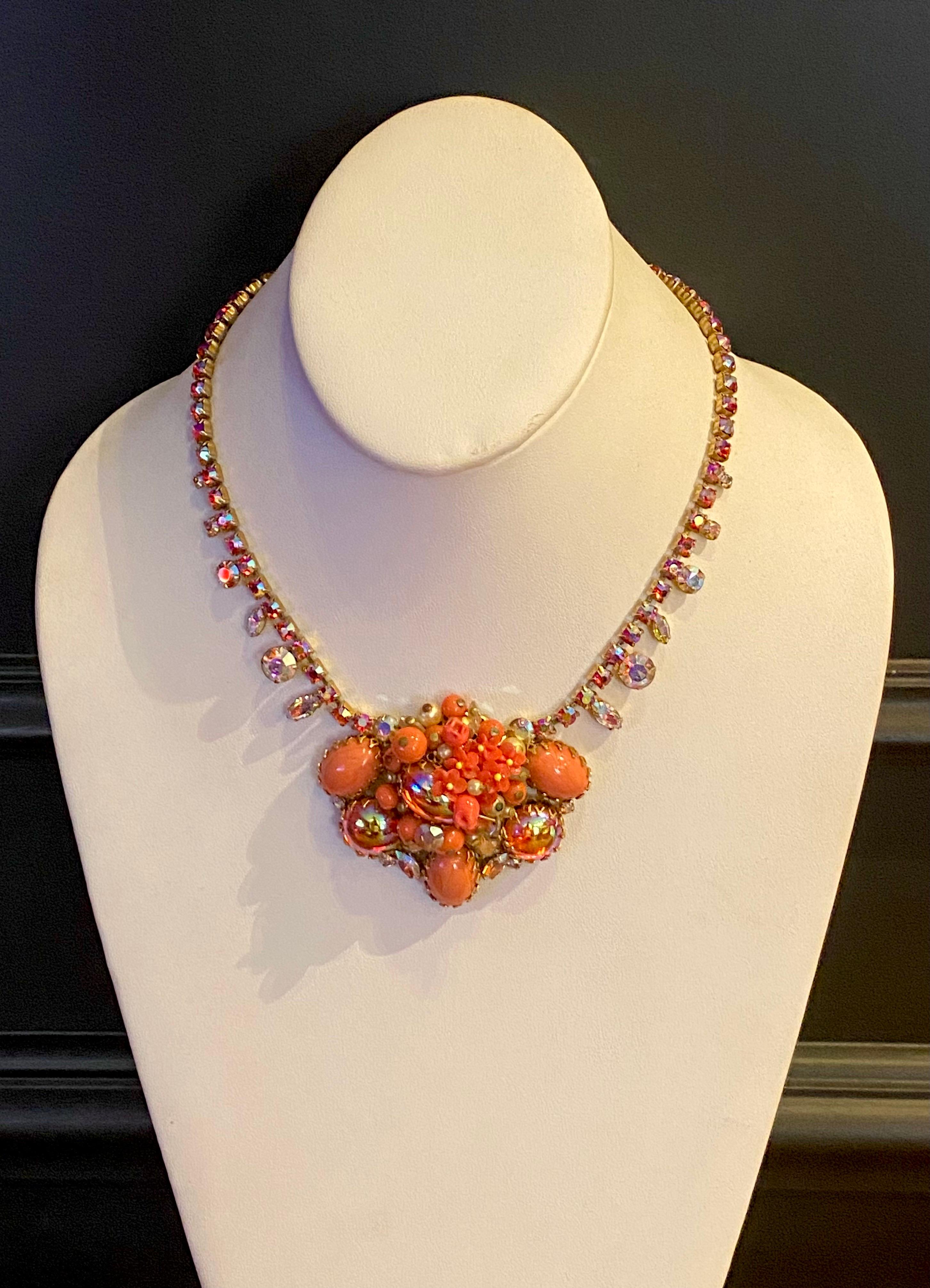 1950s Coral glass bead, flower, cabochon & rhinestoned necklace & earrings For Sale 11