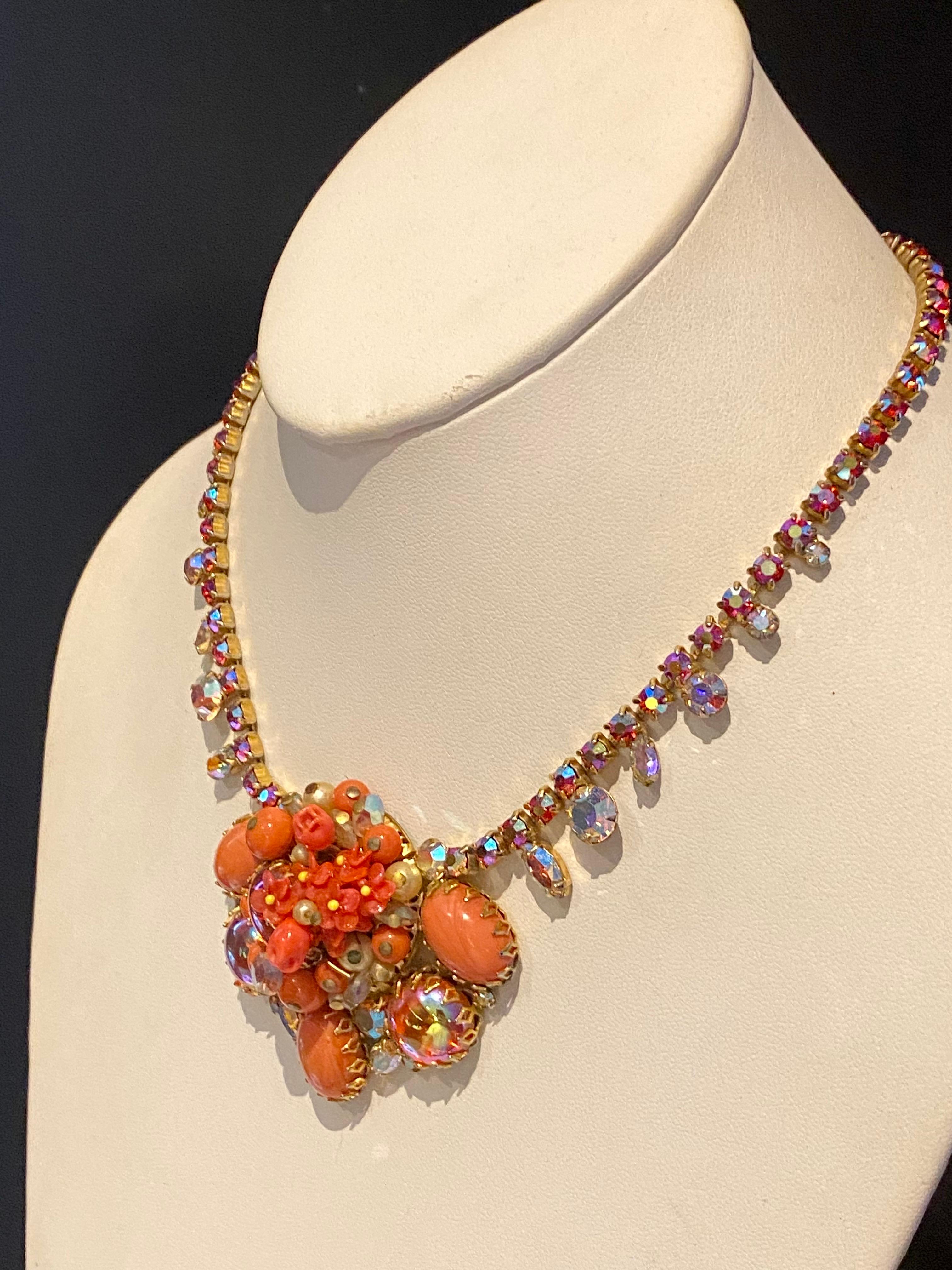 1950s Coral glass bead, flower, cabochon & rhinestoned necklace & earrings For Sale 12