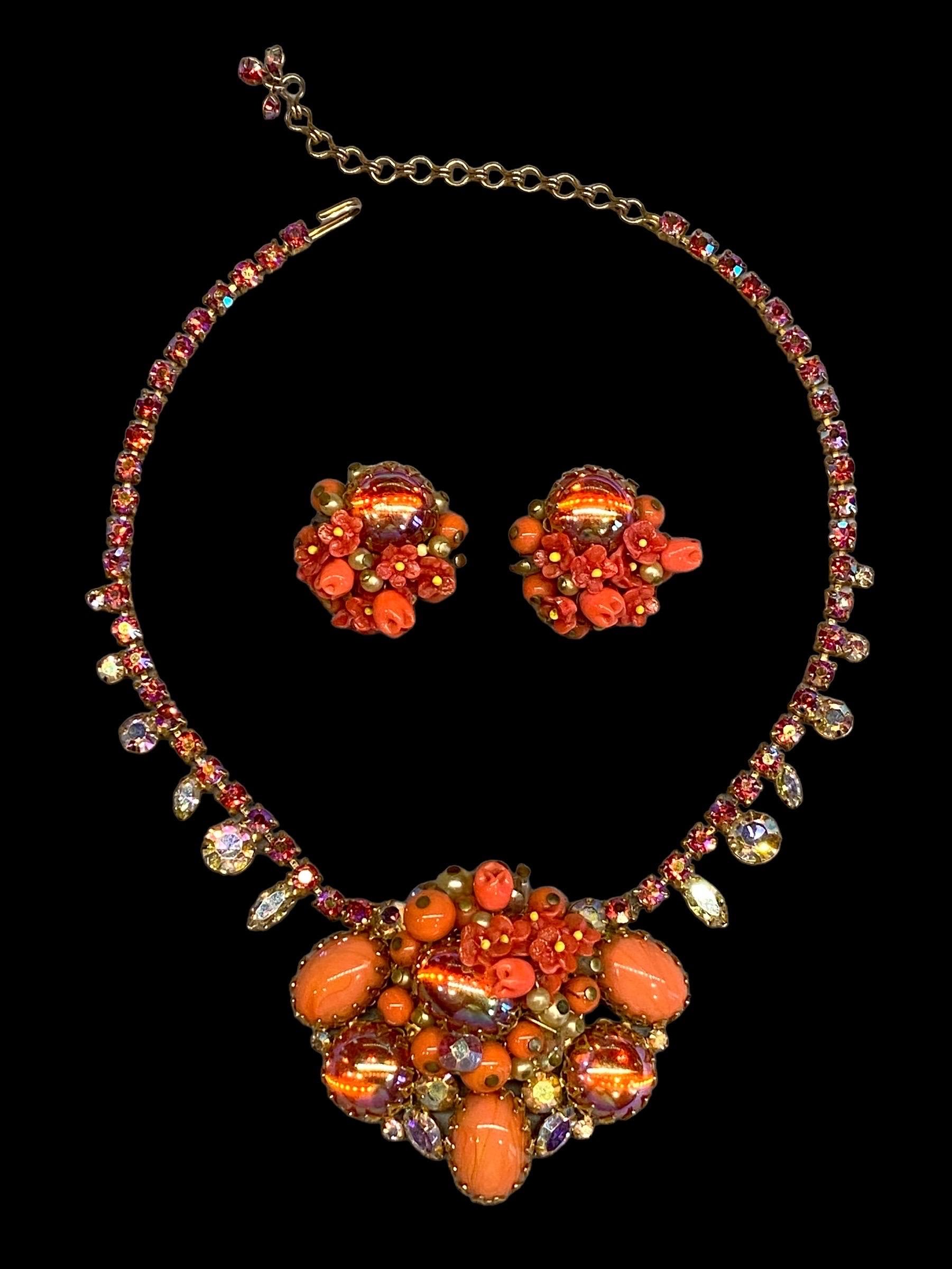 1950s Coral glass bead, flower, cabochon & rhinestoned necklace & earrings In Good Condition For Sale In New York, NY